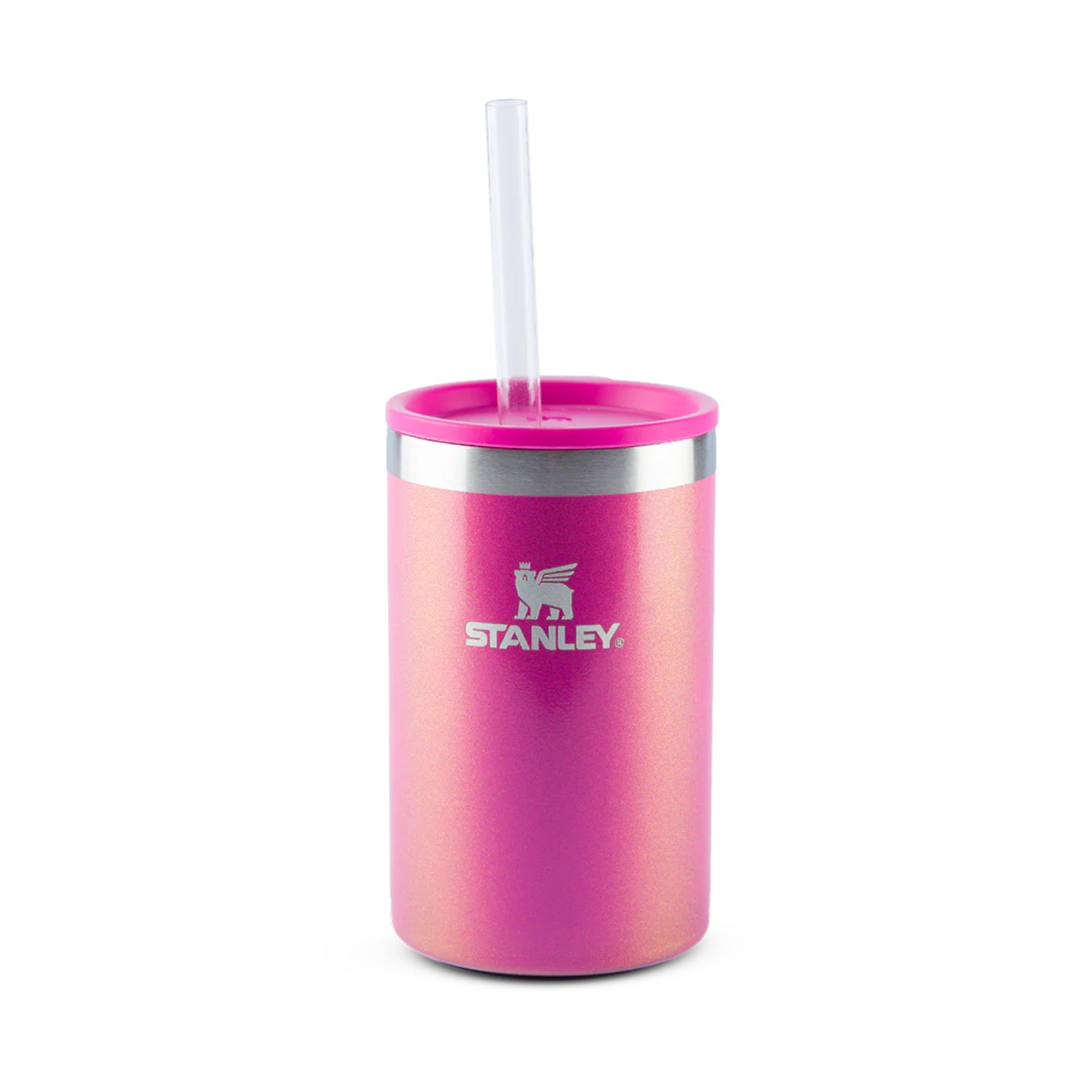 Can Cooler com canudo Stanley | 296ML em formato rosa, ideal para uso prático e versátil.