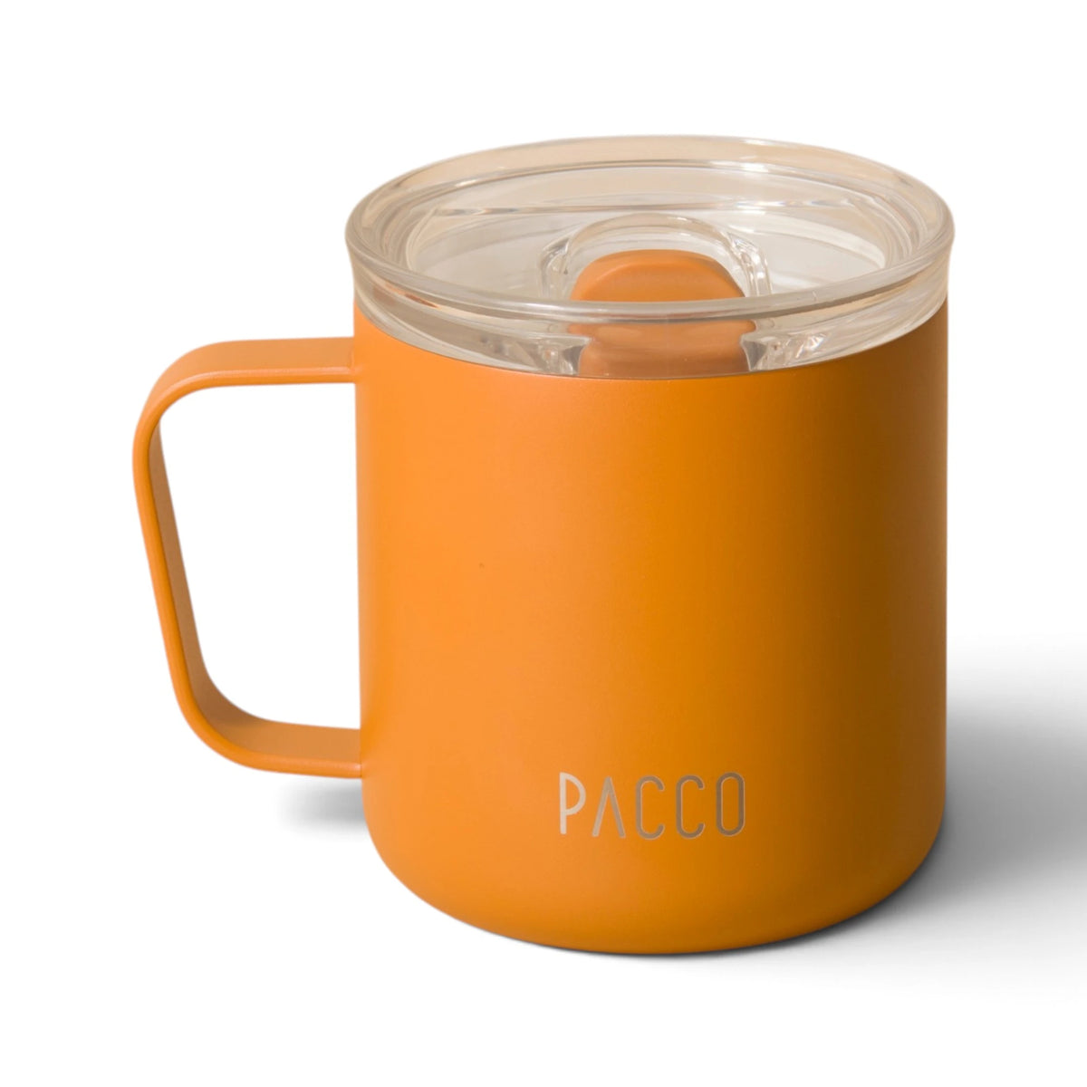 Caneca PACCO Fokus 295 ml Caramelo, vista lateral com tampa fechada