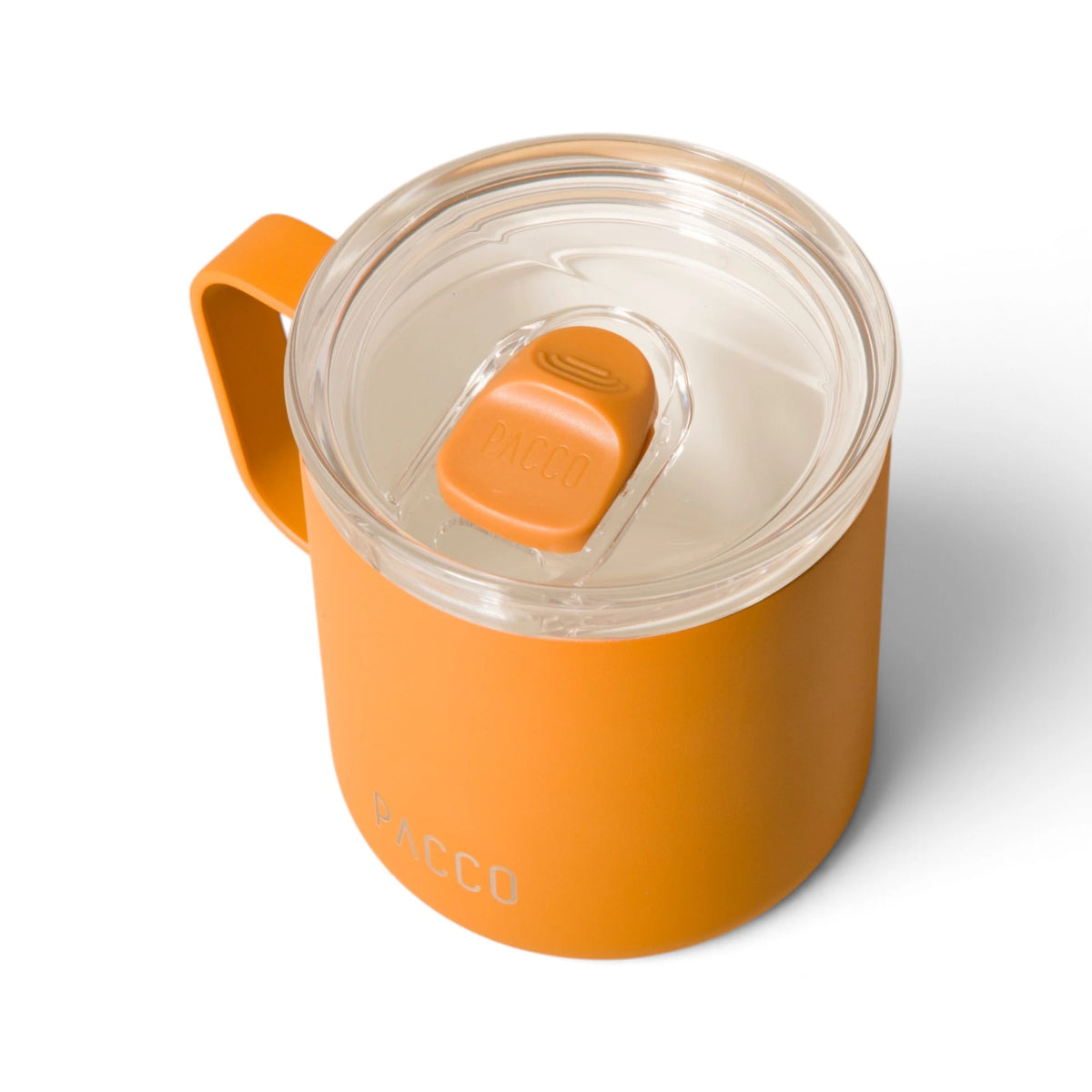 Caneca PACCO Fokus 295 ml Caramelo, vista de cima com tampa fechada