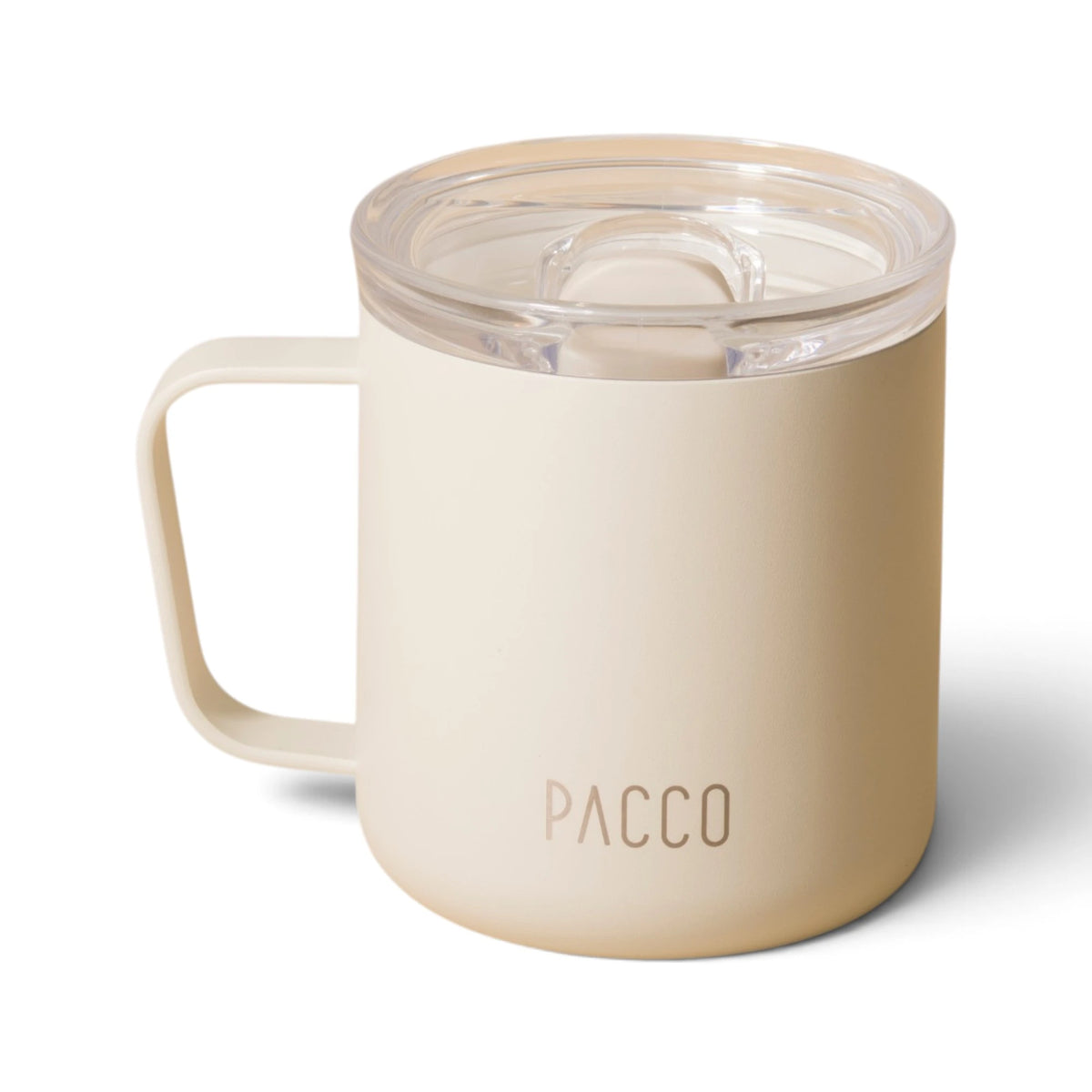 Caneca PACCO Fokus 295 ml Creme, vista frontal com tampa fechada