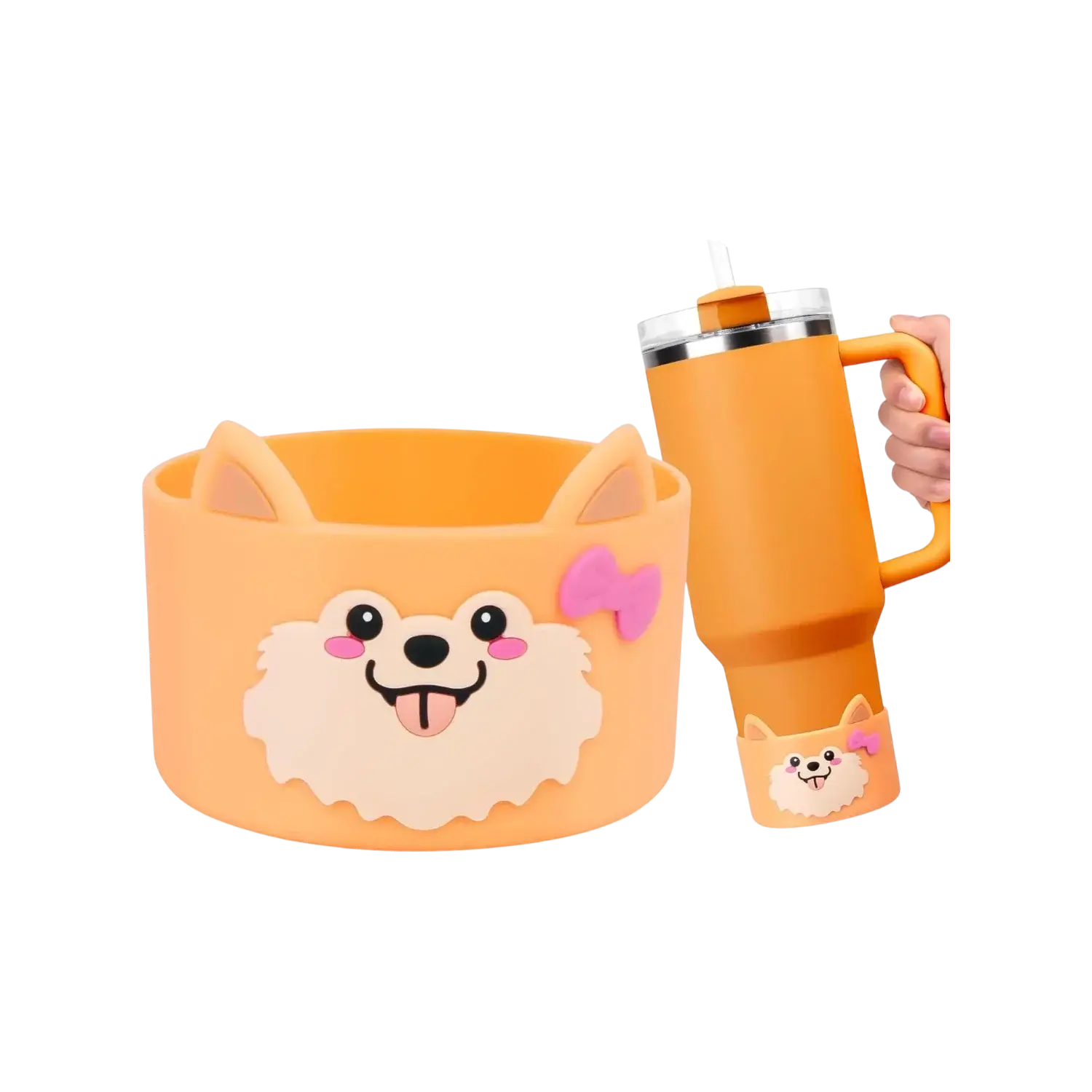 Capa de Silicone Médio - Variados 3D na cor laranja, protegendo uma garrafa com design de cachorro fofinho, ideal para 350 ml a 750 ml.