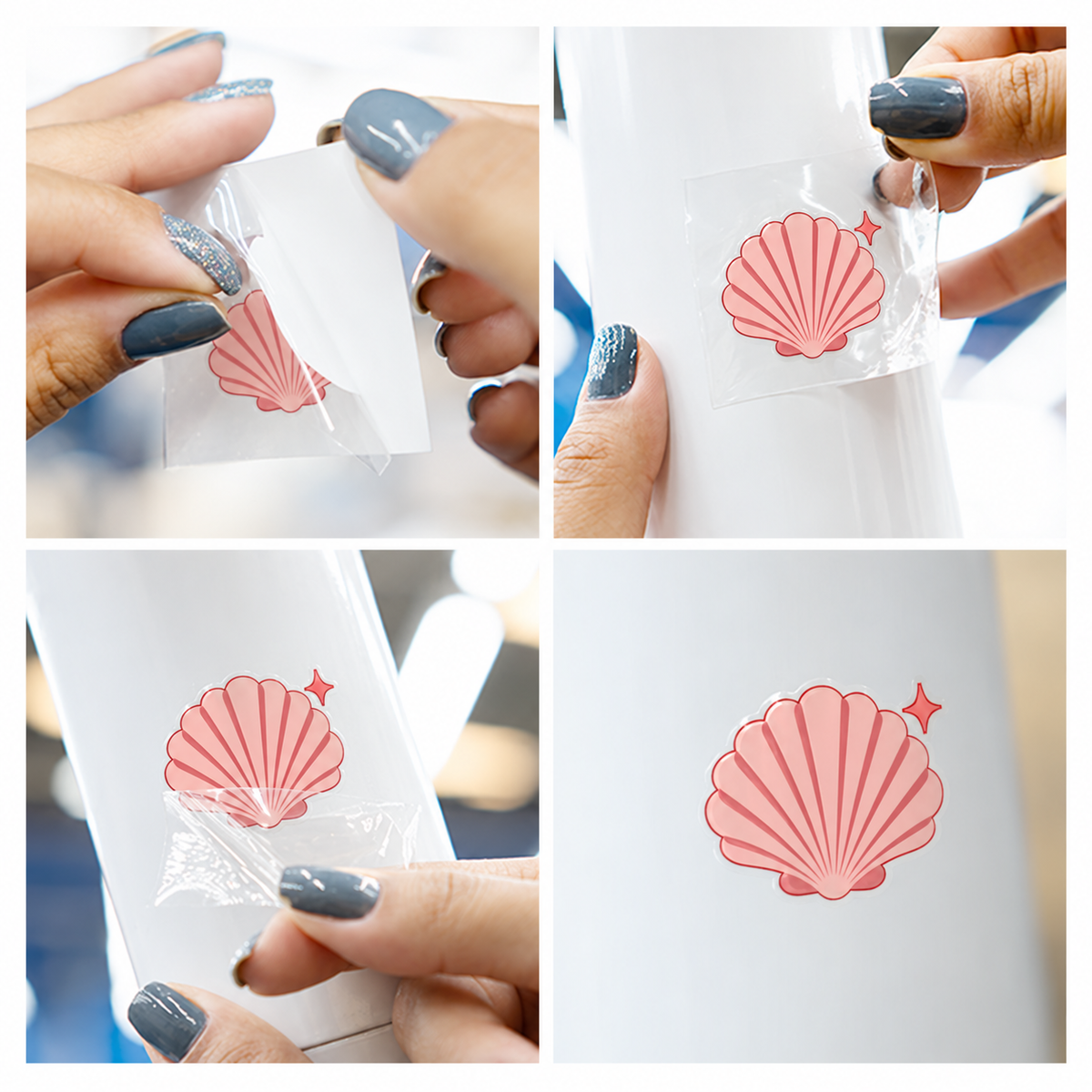 Ocean Blush: quatro etapas da aplicação manual dos stickers UV DTF em uma garrafa. Garrafa não inclusa.