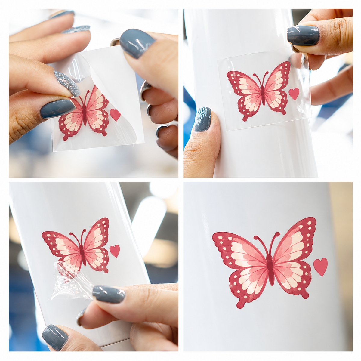 Rose Butterfly: quatro etapas da aplicação manual dos stickers UV DTF em uma garrafa. Garrafa não inclusa.