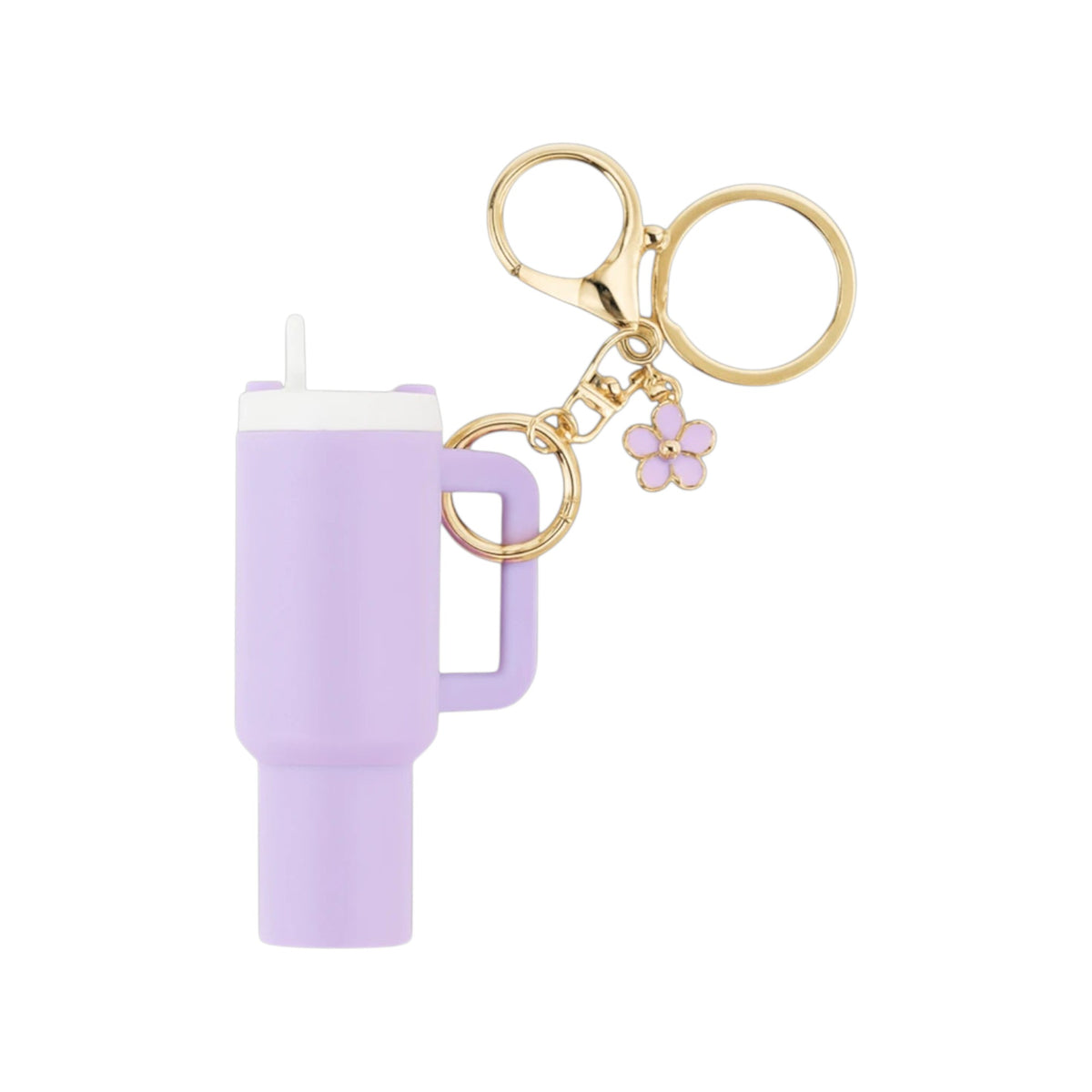 Chaveiro Copo Stanley Quencher roxo com pingente de flor, design único e prático para fãs dos copos Stanley.