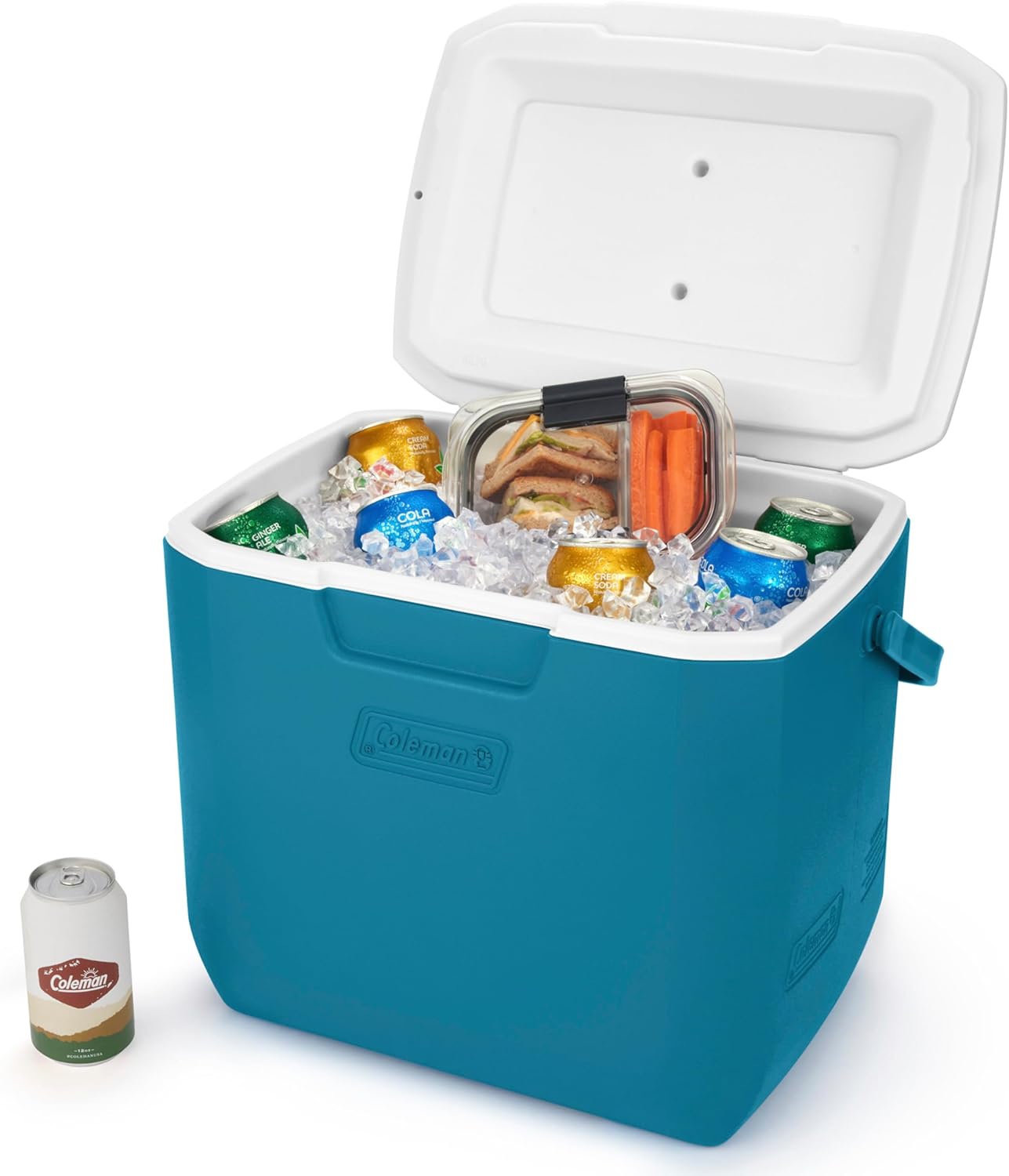 Coleman Chiller Cooler 30QT com bebidas e alimentos, ideal para praia, churrasco e camping, destacando eficiência térmica TempLock™.