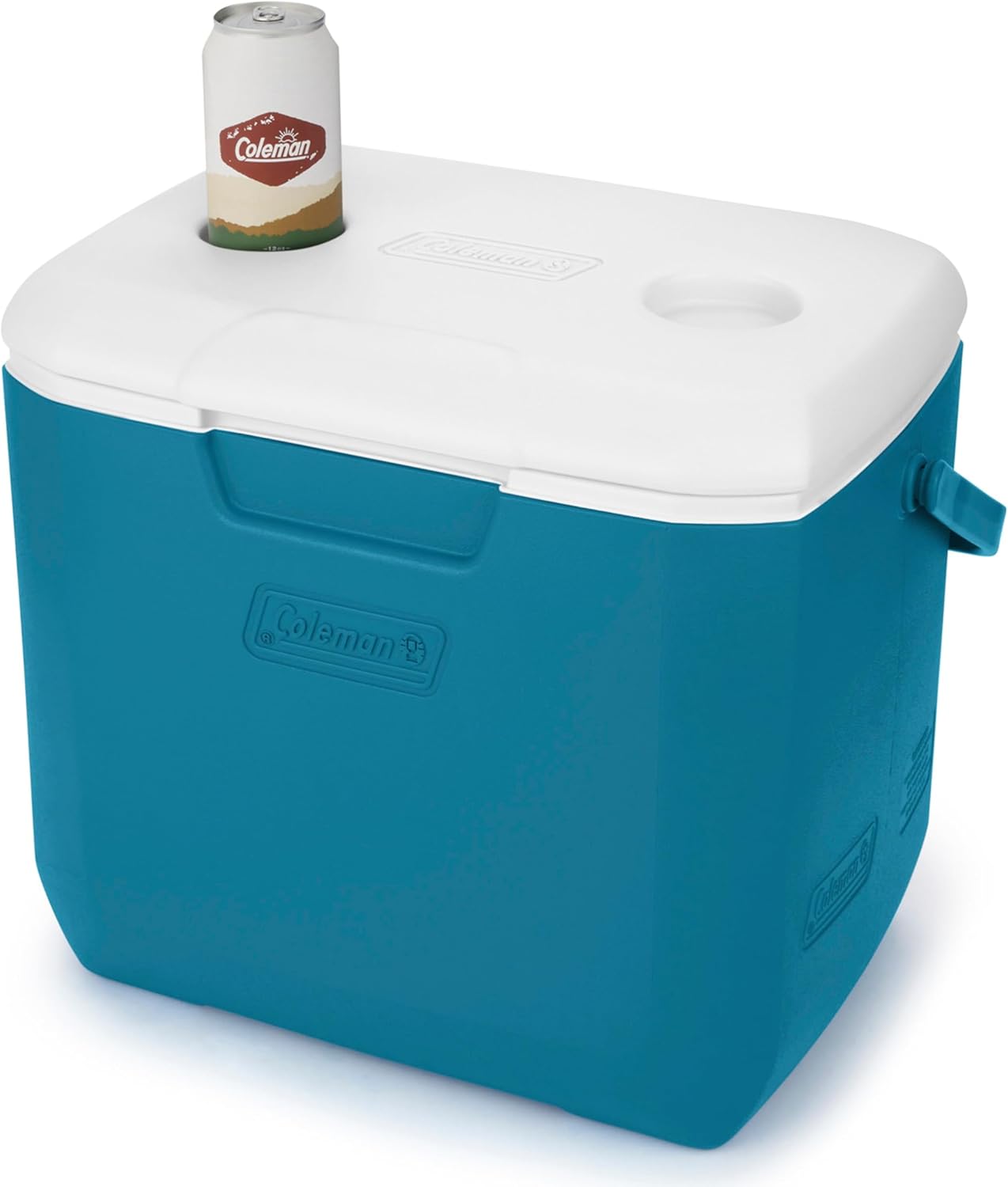 Cooler azul Coleman Chiller Cooler 30QT com capacidade de 28,3L, ideal para bebidas e alimentos, com detalhe de lata de refrigerante no topo.