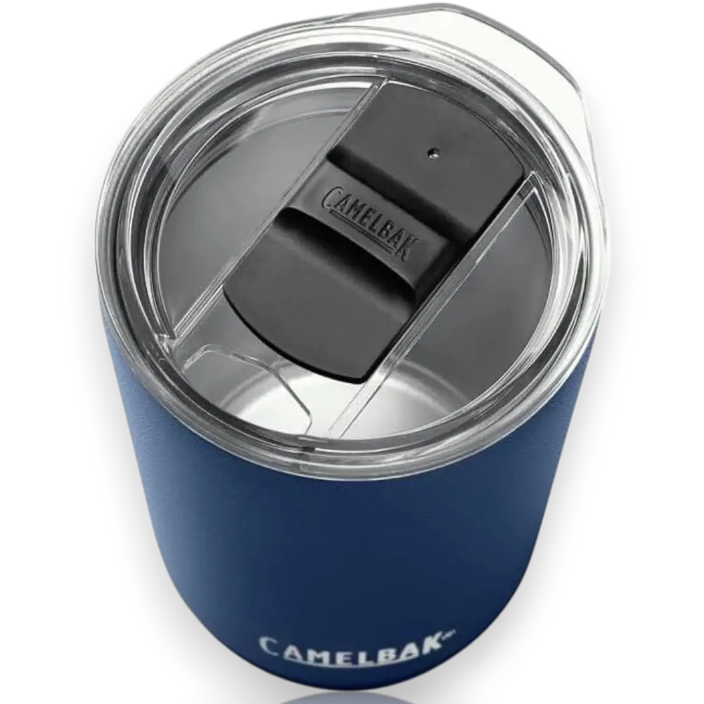 Copo Térmico Horizon Camelbak 350ml em azul, ideal para manter bebidas quentes por 4h e frias por 6h, com tampa prateada e design ergonômico.