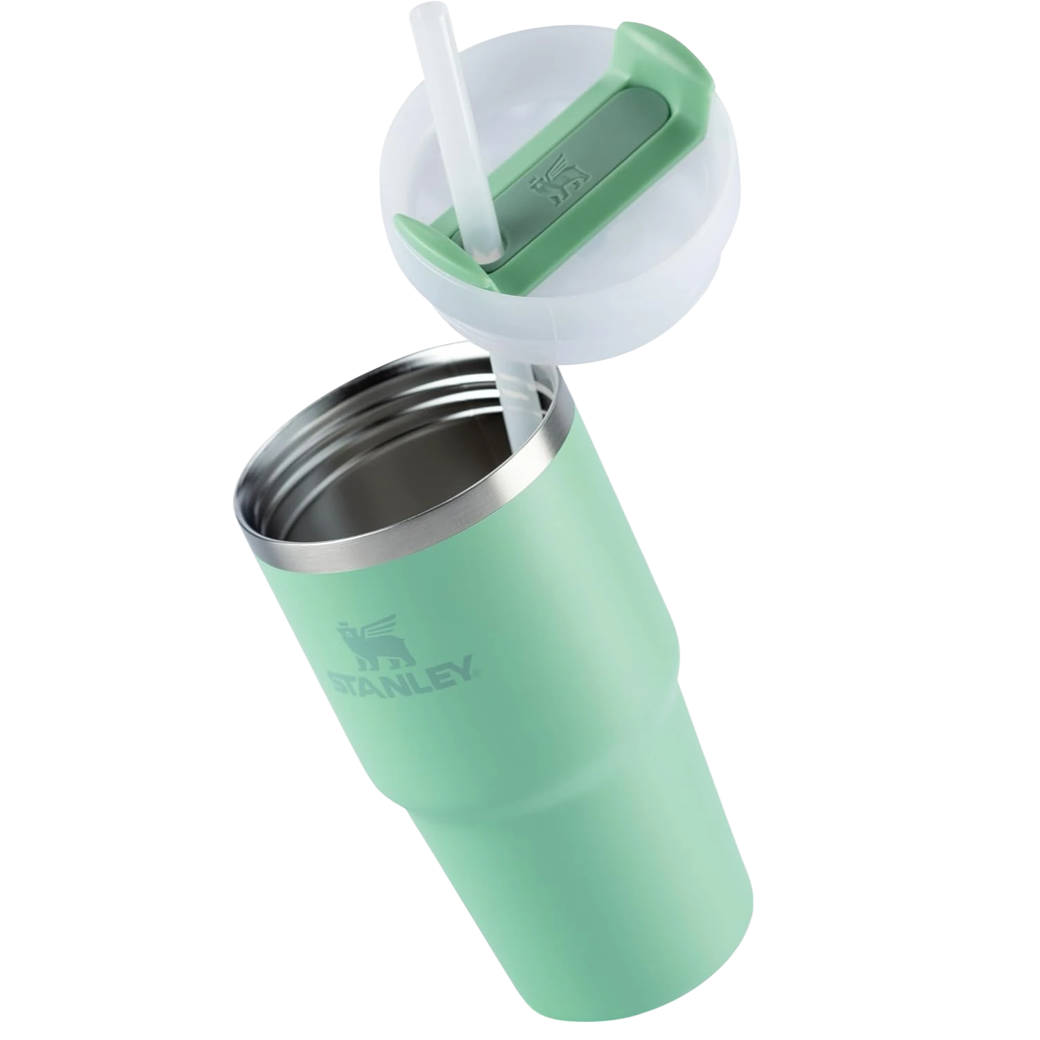 Copo Quencher 2.0 Stanley | 591ml verde com canudo, ideal para manter bebidas quentes ou frias, isolamento a vácuo eficiente.