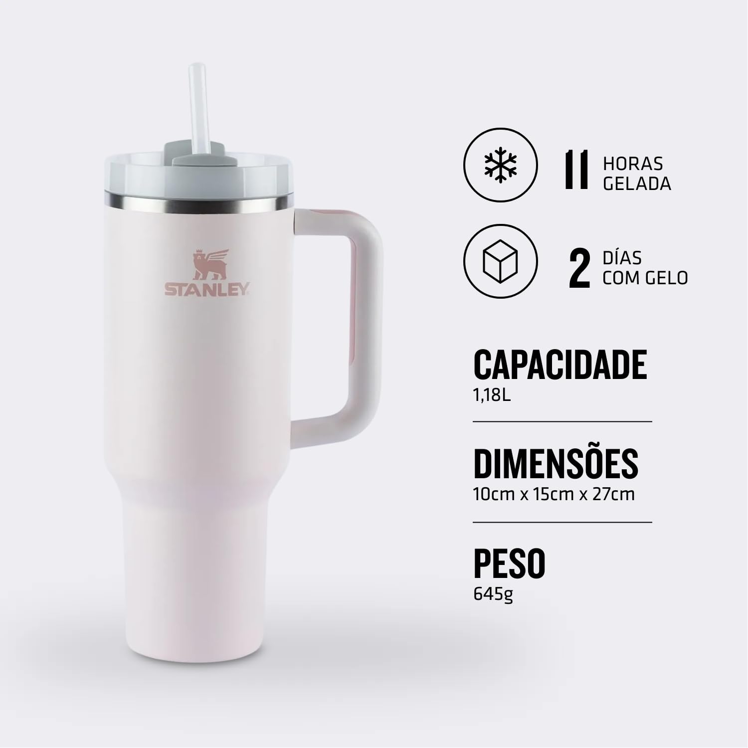 Copo Quencher Stanley 1,18L, design icônico com alça ergonômica, ideal para hidratação diária, capacidade 1,18L, cor branca.