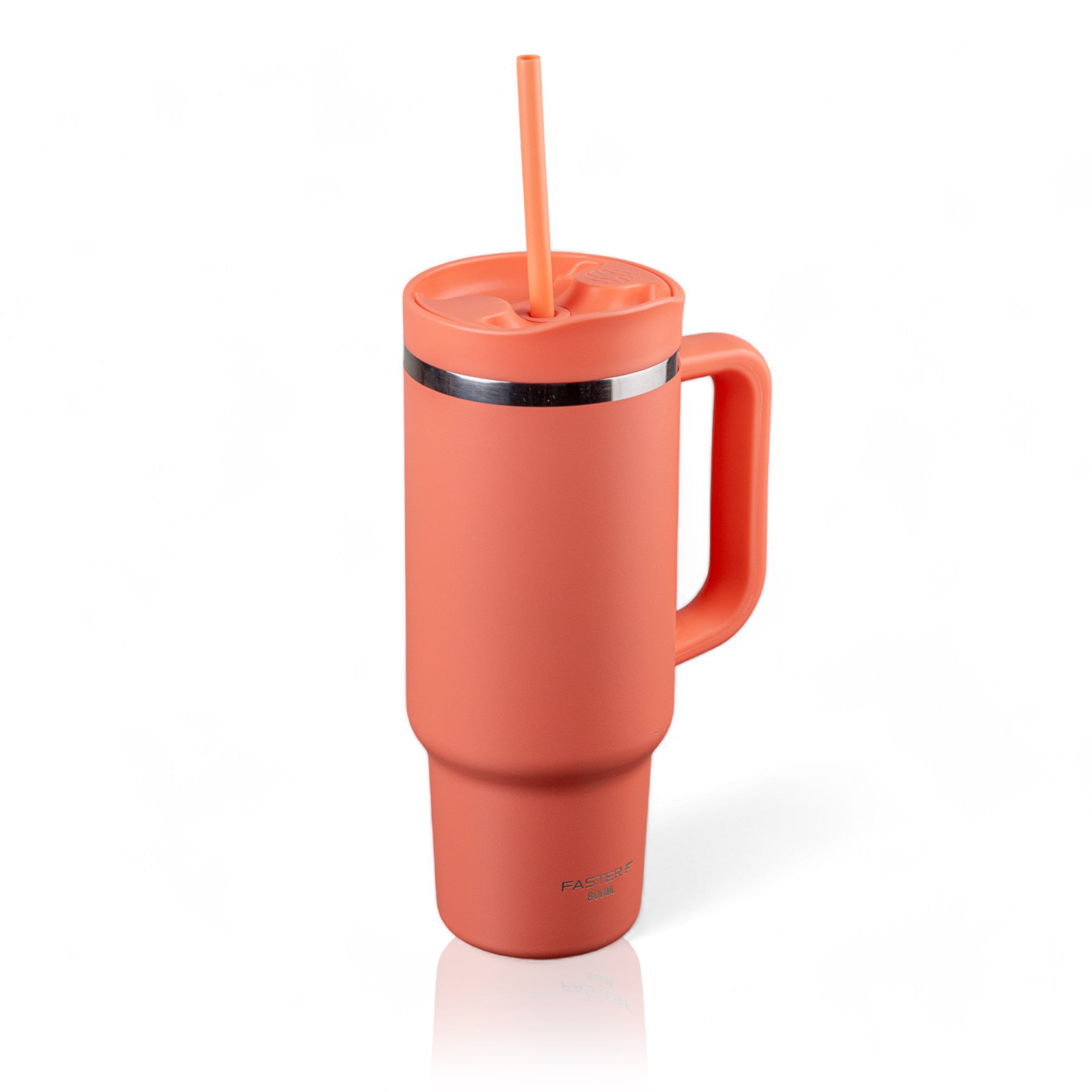 Copo Térmico King Faster 800 ml coral com canudo, ideal para bebidas frias ou quentes, design moderno e prático para viagens e trabalho.