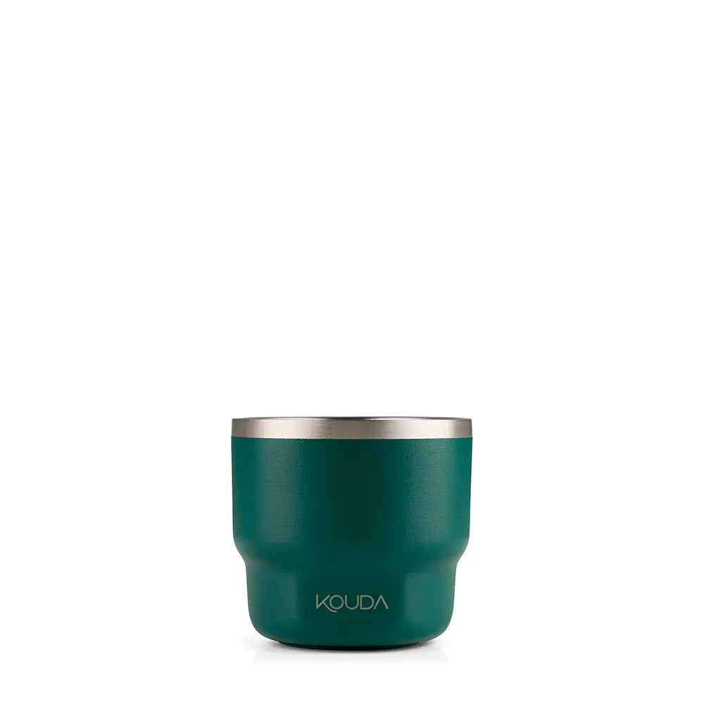 Copo Térmico Kouda Egeu 150ml, pequeno copo térmico para espresso, verde com tampa prata, ideal para café curto e conservação térmica.