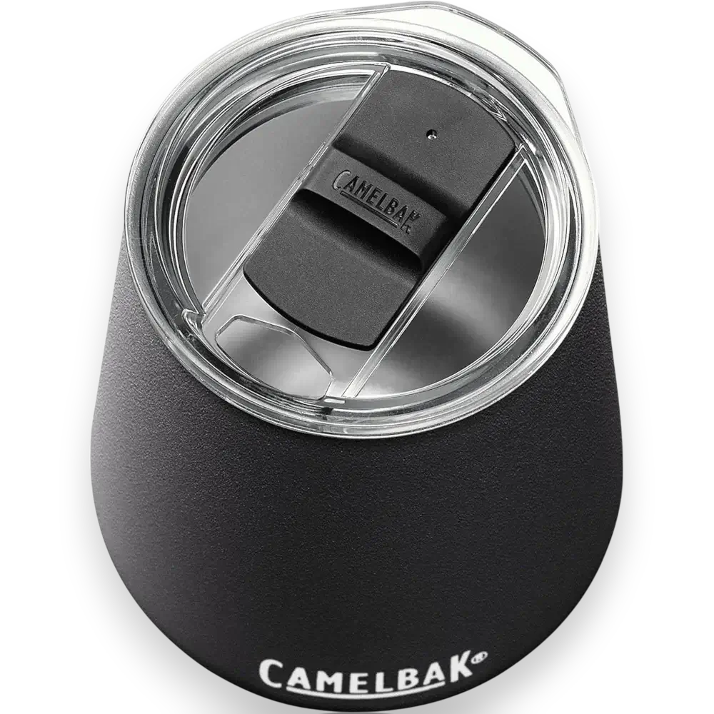 Copo Térmico para Vinho Horizon Camelbak 350ml preto com tampa transparente e isolamento a vácuo para bebidas quentes e frias.