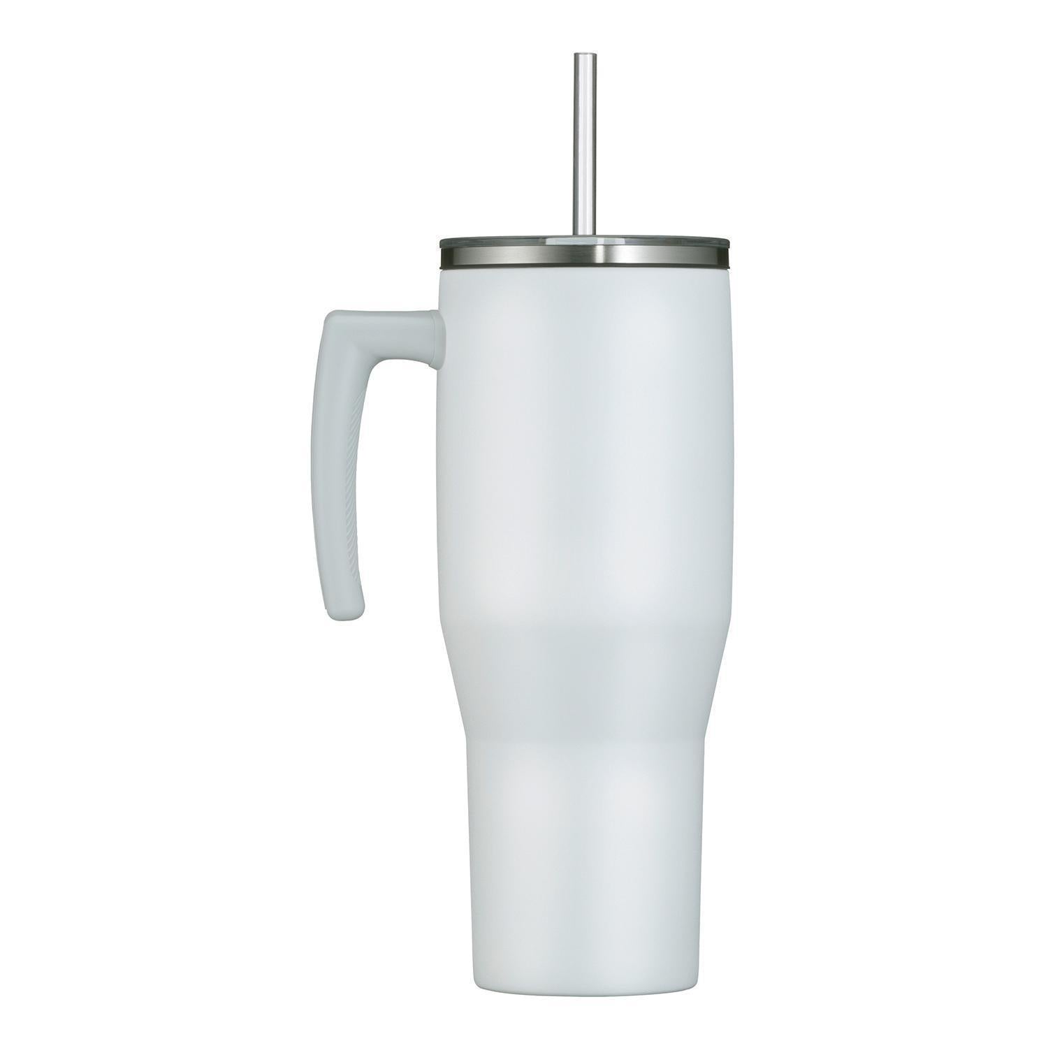 Thermos Copo Térmico Aruba com Canudo -1,1L em aço inoxidável branco, ideal para manter bebidas geladas e quentes, com canudo.
