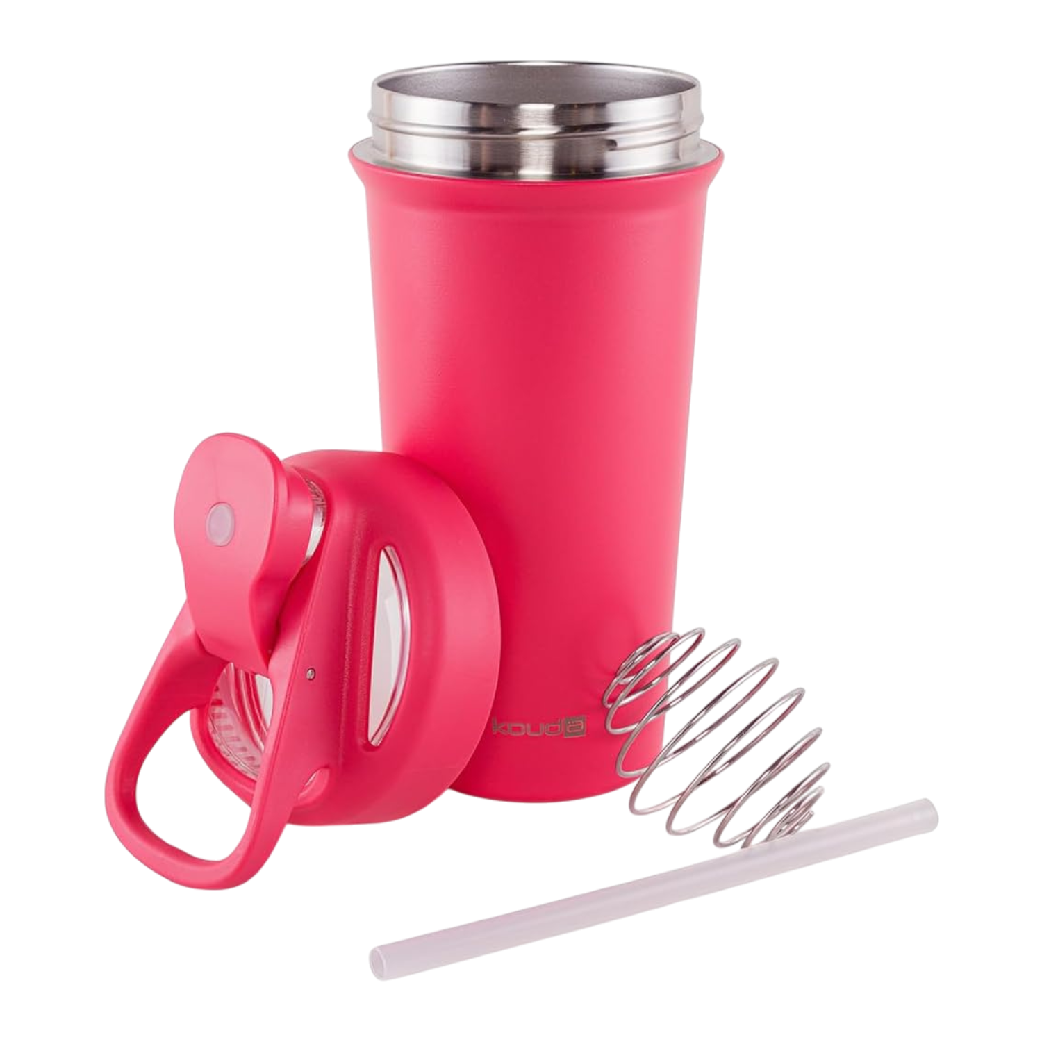 Coqueteleira Shaker Térmica Kouda Fox - 750ml em inox rosa com tampa hermética, acessórios e mola misturadora exibidos separados.