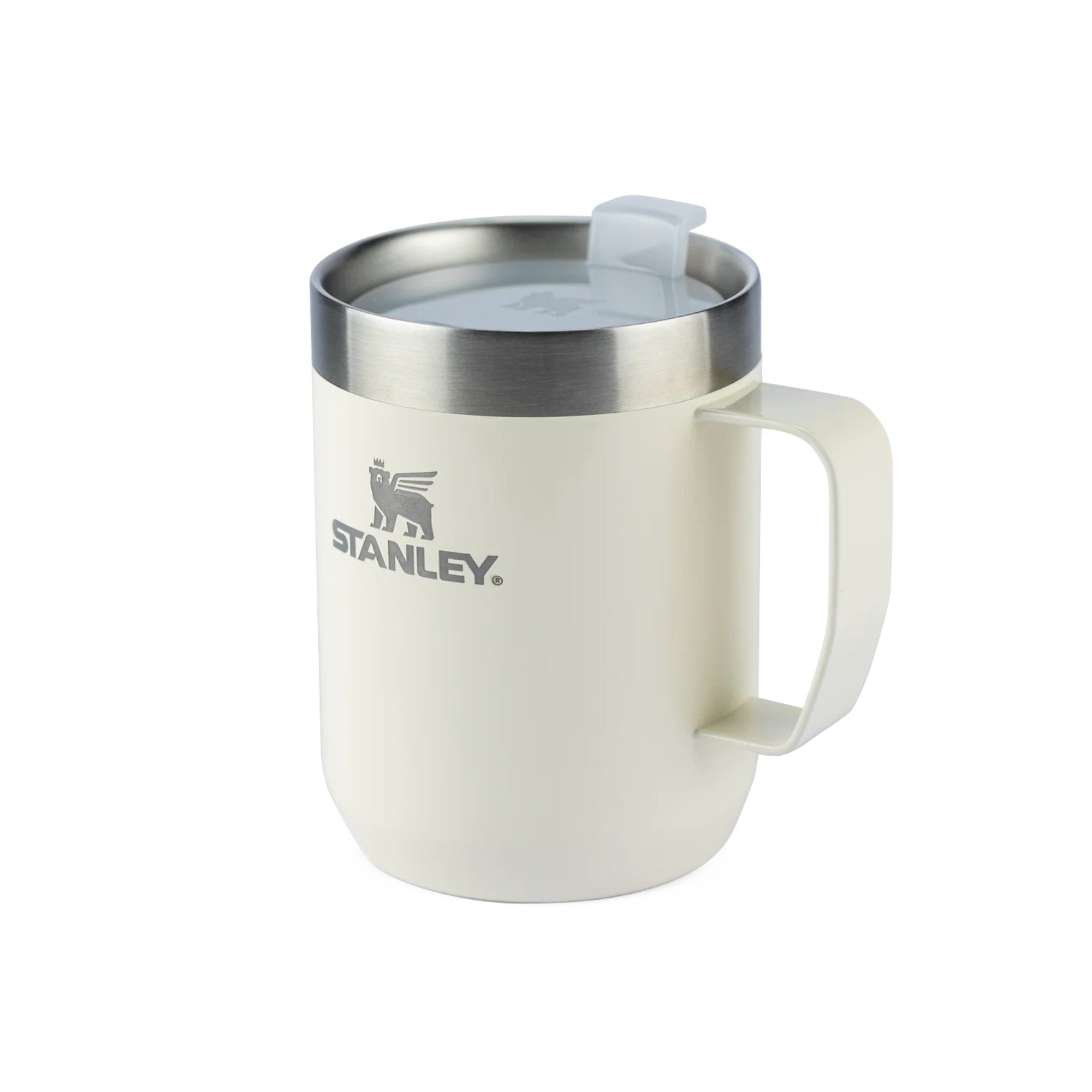 Caneca Camp Mug Stanley 236ml branca com tampa, isolamento a vácuo, ideal para bebidas quentes e frias, estilo e durabilidade.