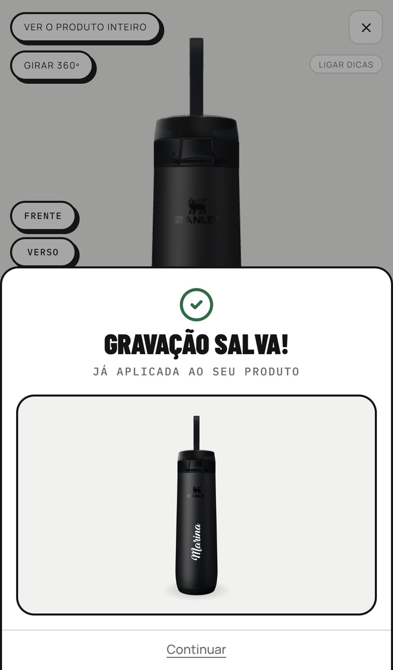 Tela Gravação salva, já aplicada ao seu produto, com a prévia da garrafa gravada