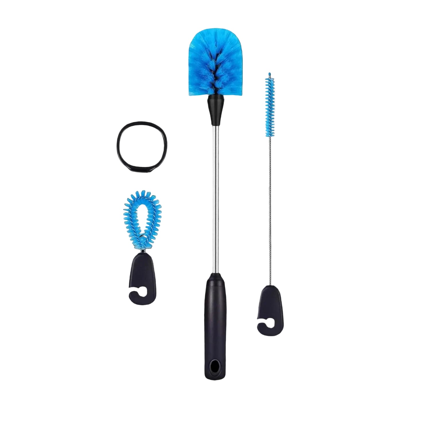 Kit de Escovas para Limpeza de Garrafas, Canudos e Tampas com três escovas azuis eficientes para limpar garrafas e detalhes.