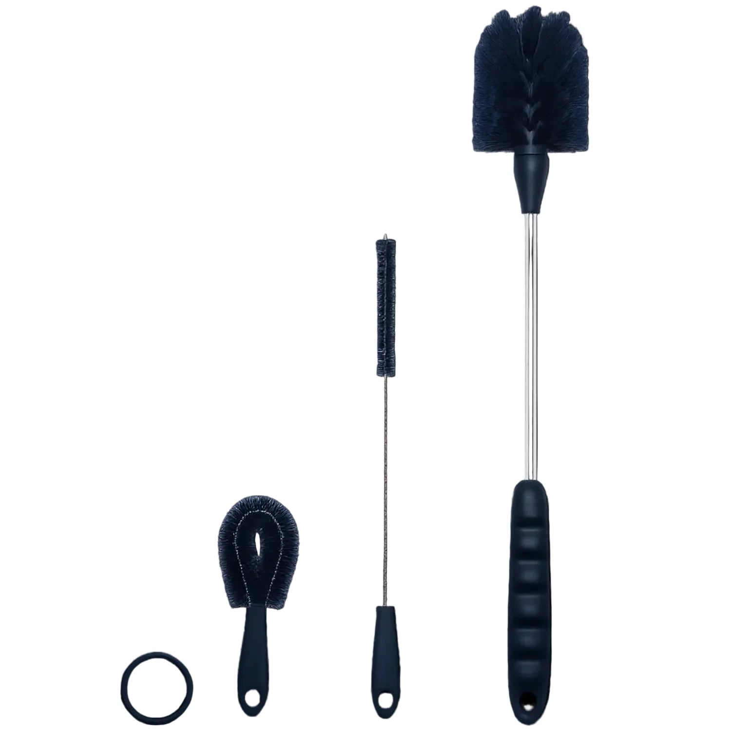 Kit de Escovas para Limpeza de Garrafas, Canudos e Tampas com três escovas para limpeza eficiente e prática em detalhes.