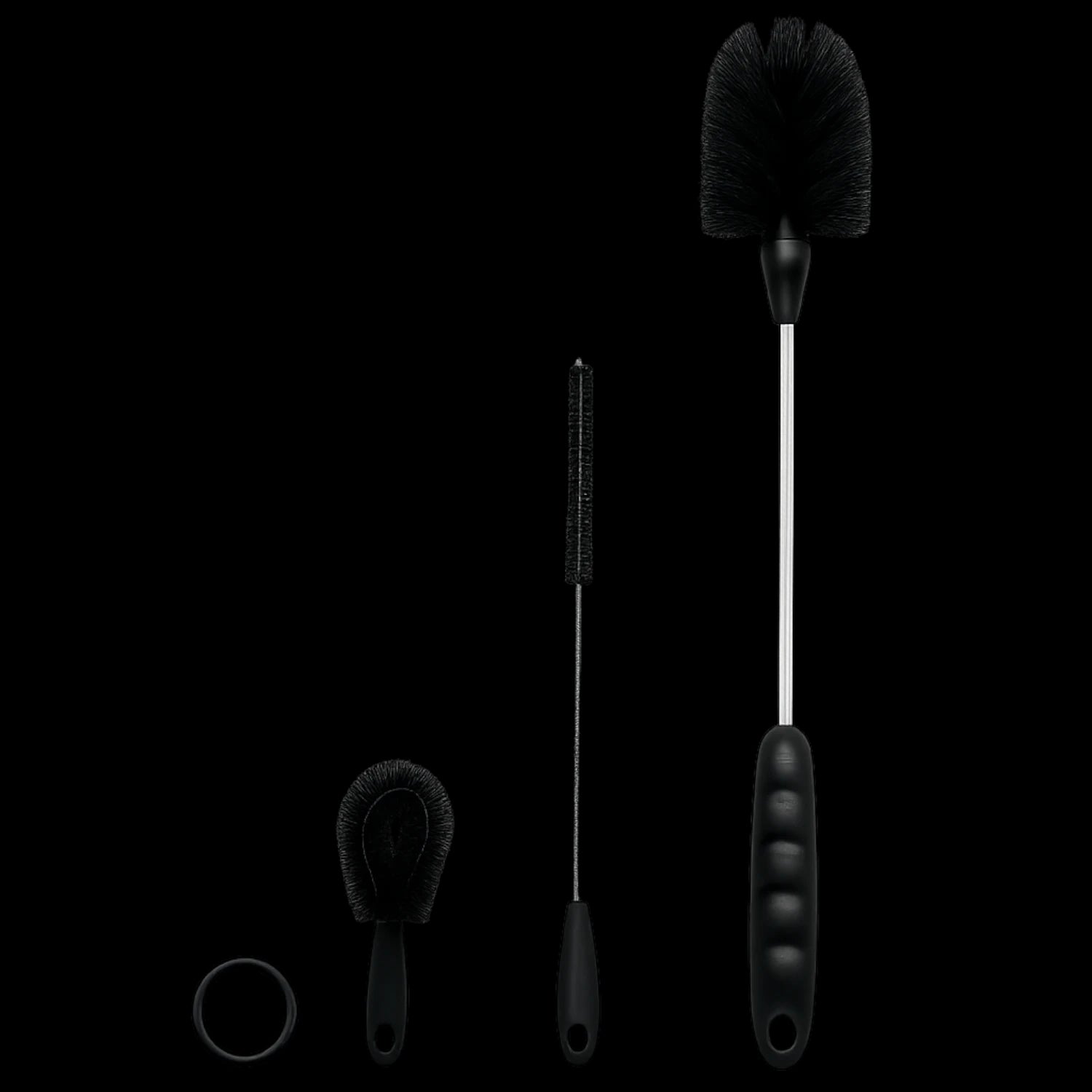 Kit de Escovas para Limpeza de Garrafas, Canudos e Tampas com três escovas pretas para uma limpeza eficiente e prática.