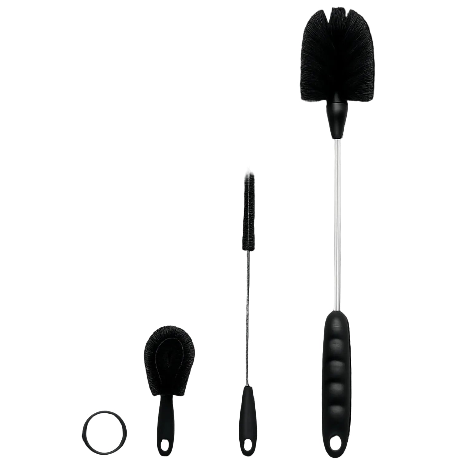Kit de Escovas para Limpeza de Garrafas, Canudos e Tampas com três escovas pretas para uma limpeza eficiente e prática.