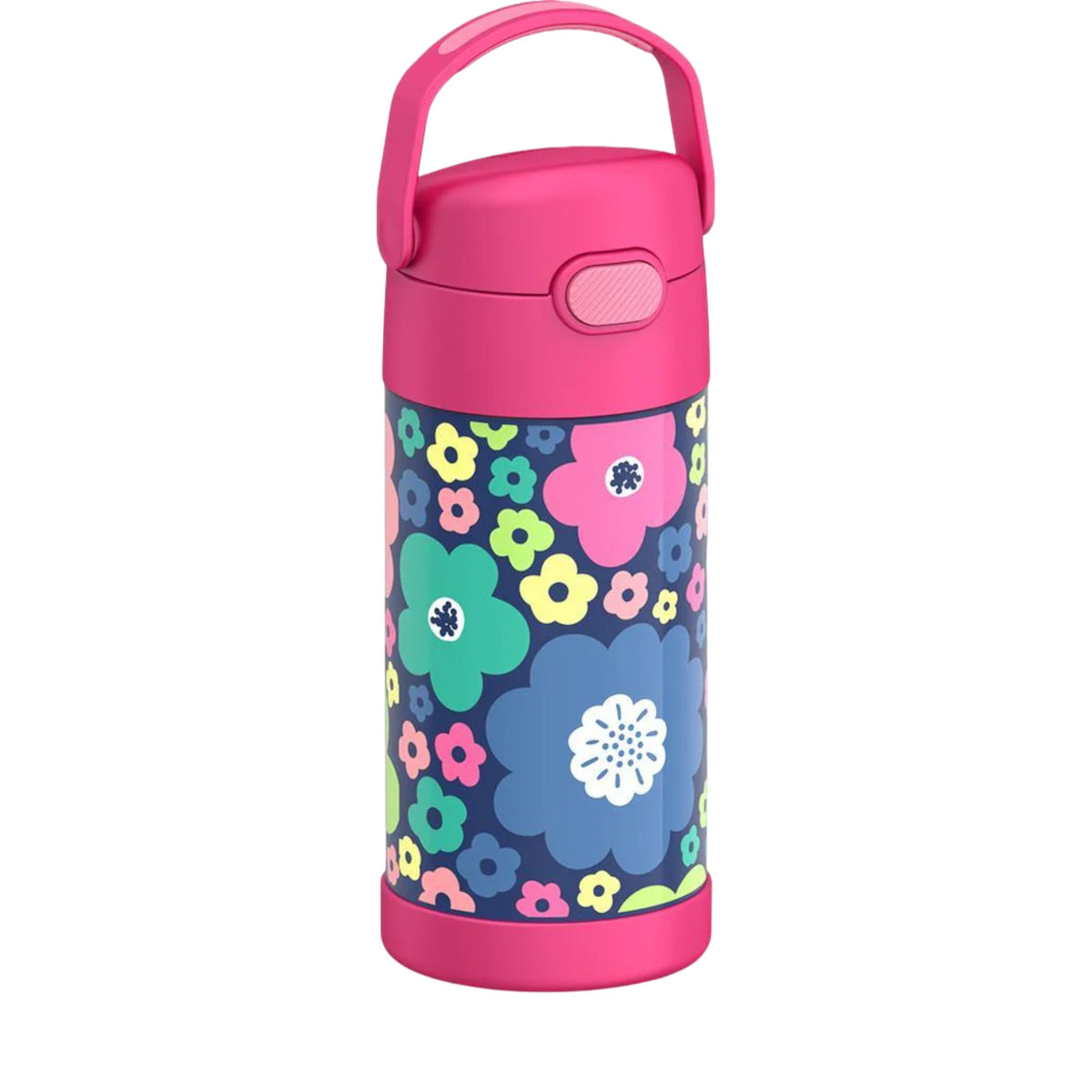 Garrafa Térmica Funtainer Thermos - 355ml com design floral, mantém bebidas geladas por 12h, alça dobrável e canudo retrátil.