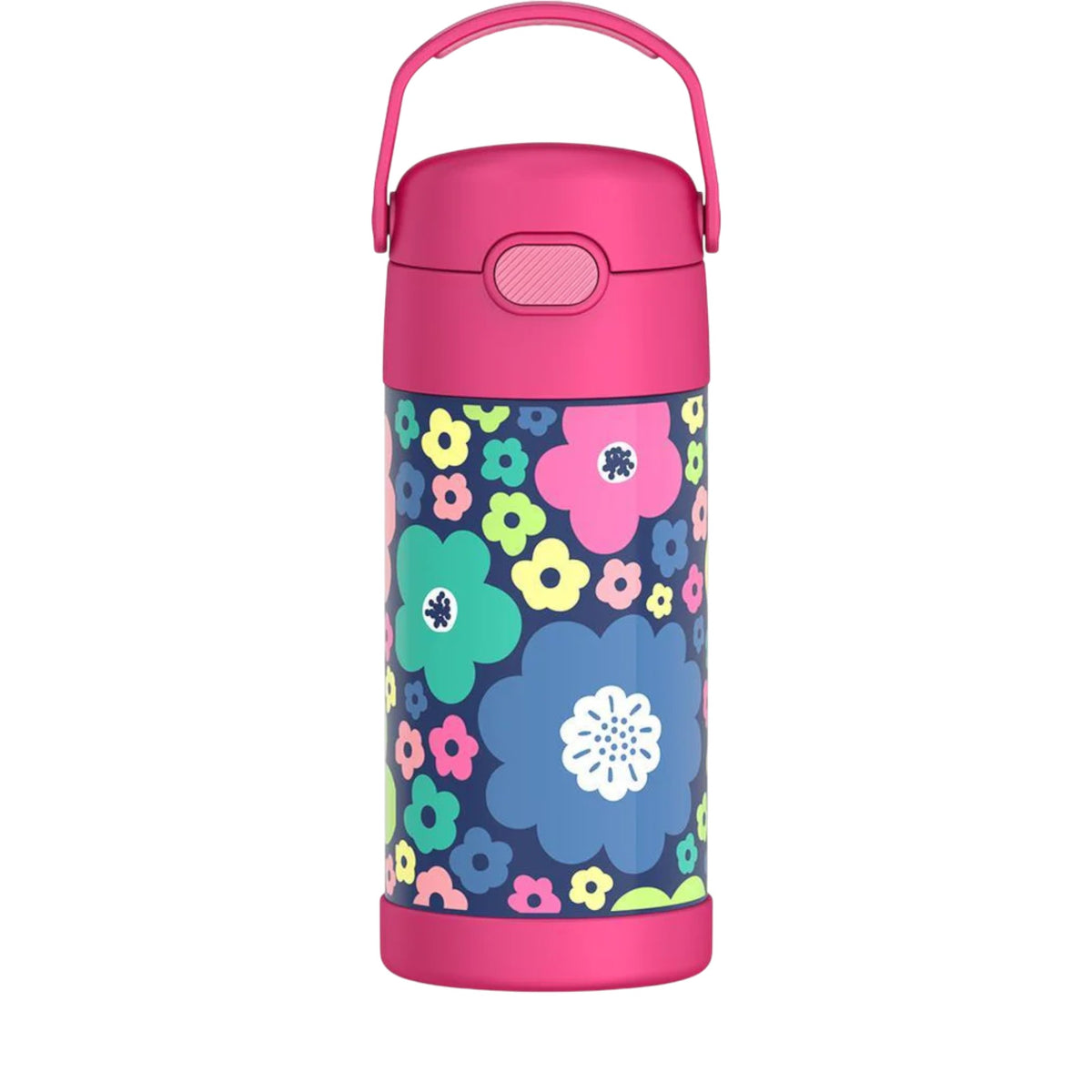Garrafa Térmica Funtainer Thermos - 355ml com design floral colorido e alça integrada dobrável, ideal para manter bebidas geladas por 12h.