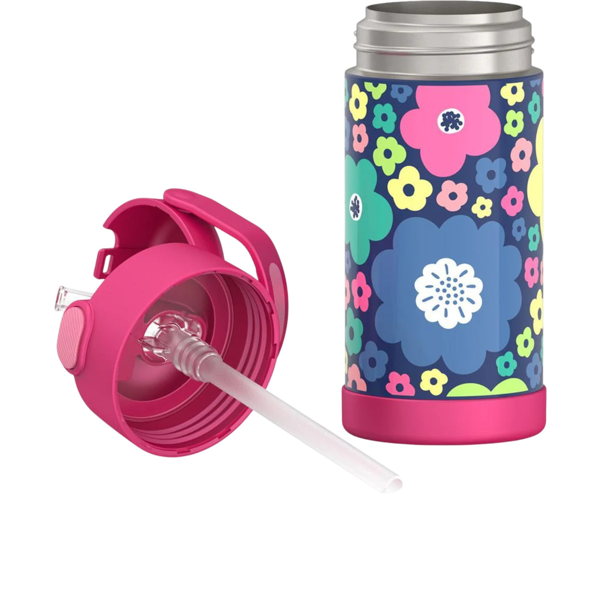 Garrafa Térmica Funtainer Thermos - 355ml com estampa floral colorida, tampa rosa e canudo retrátil, mantém bebidas geladas por 12 horas.