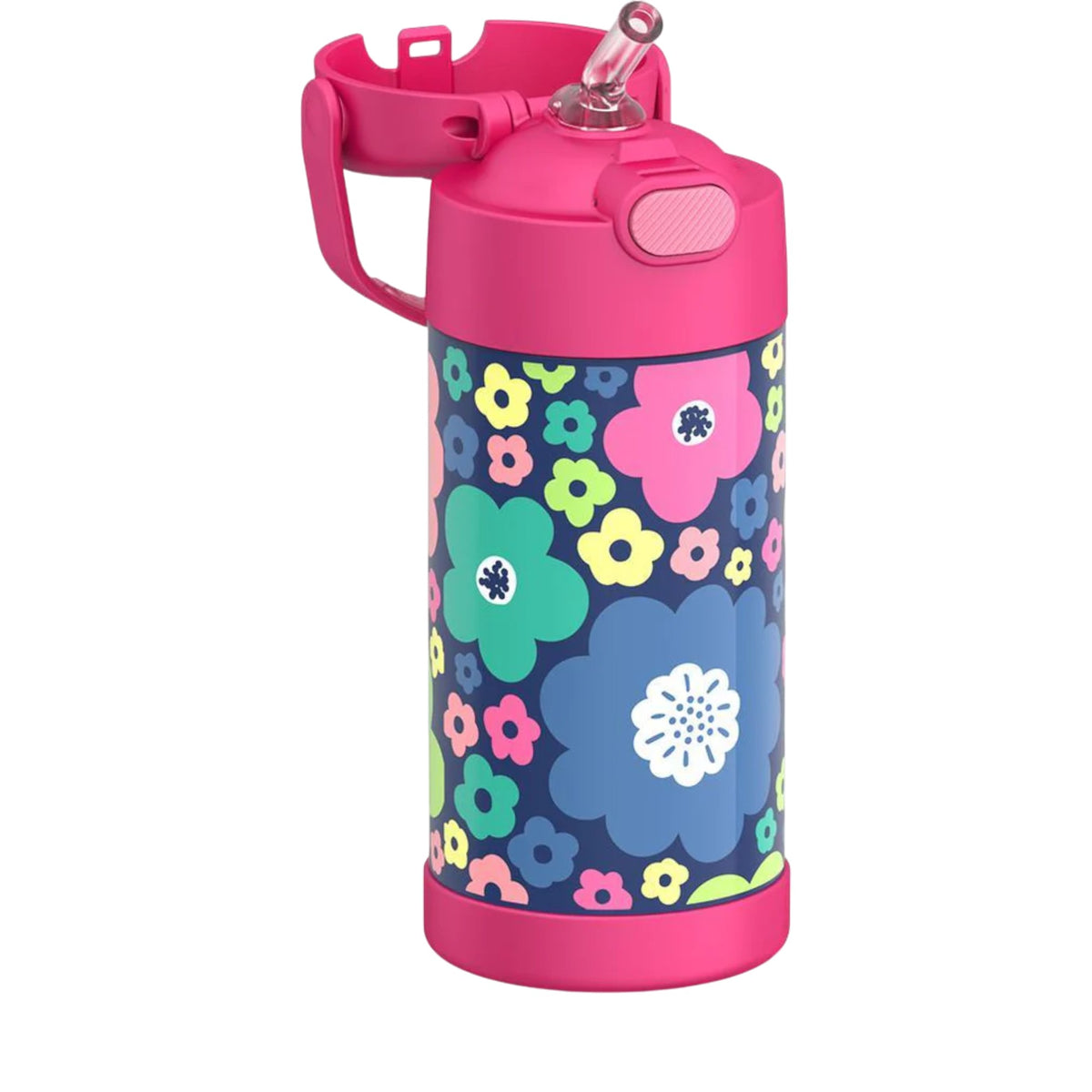 Garrafa Térmica Funtainer Thermos - 355ml com design colorido floral, isolamento a vácuo e canudo retrátil.
