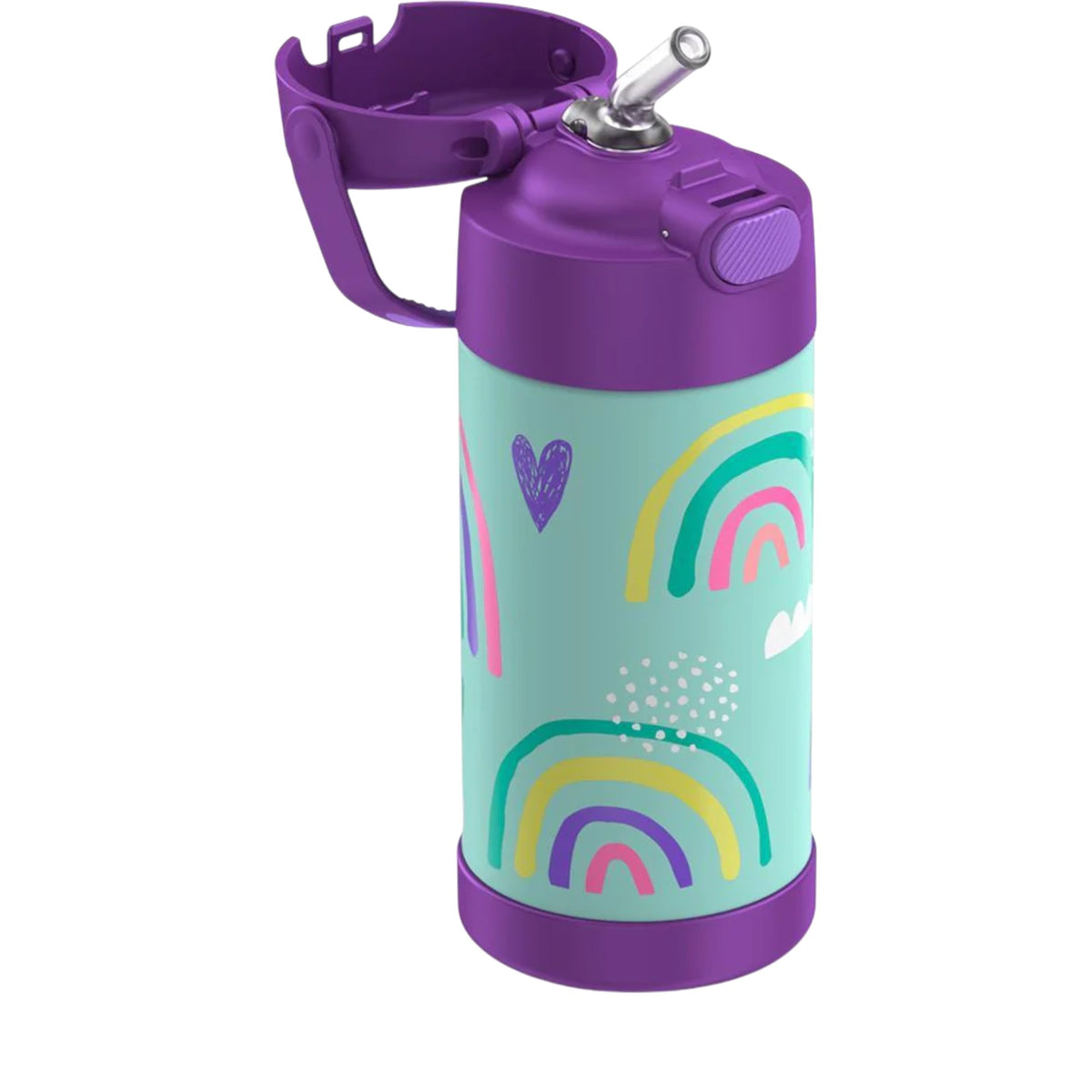 Garrafa Térmica Funtainer Thermos - 355ml com design colorido e tampa roxa, ideal para manter bebidas geladas por até 12 horas.