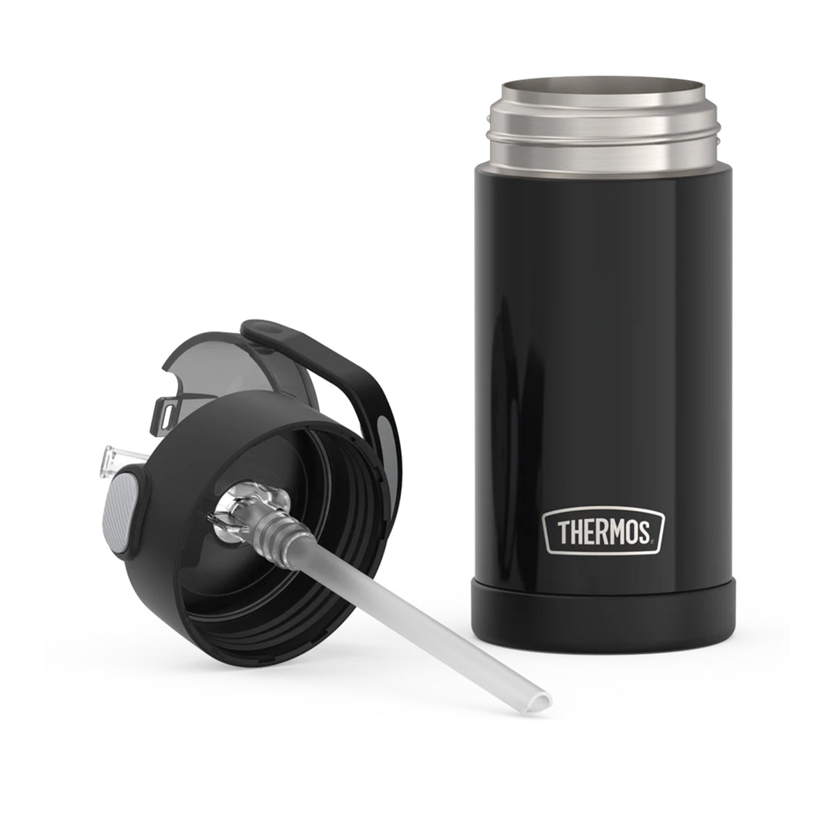 Garrafa Térmica Funtainer Thermos - 355ml preta com tampa e canudo retrátil, ideal para manter bebidas geladas por até 12 horas.