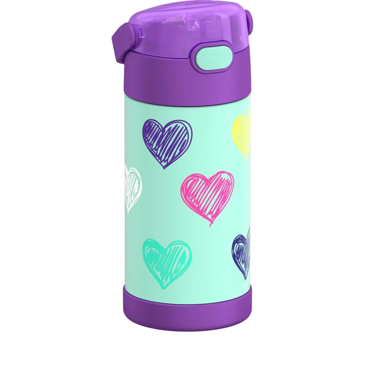 Garrafa Térmica Funtainer Thermos - 355ml com isolamento a vácuo e design de corações, mantém bebidas geladas por até 12 horas.