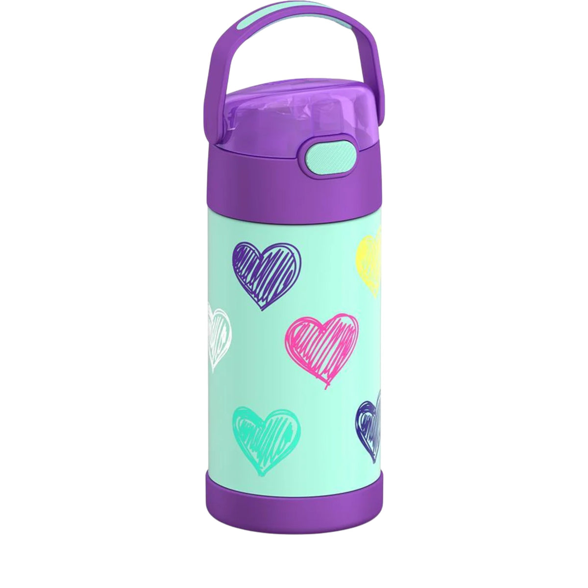 Garrafa Térmica Funtainer Thermos - 355ml com design de corações coloridos, isolamento a vácuo e alça dobrável roxa.