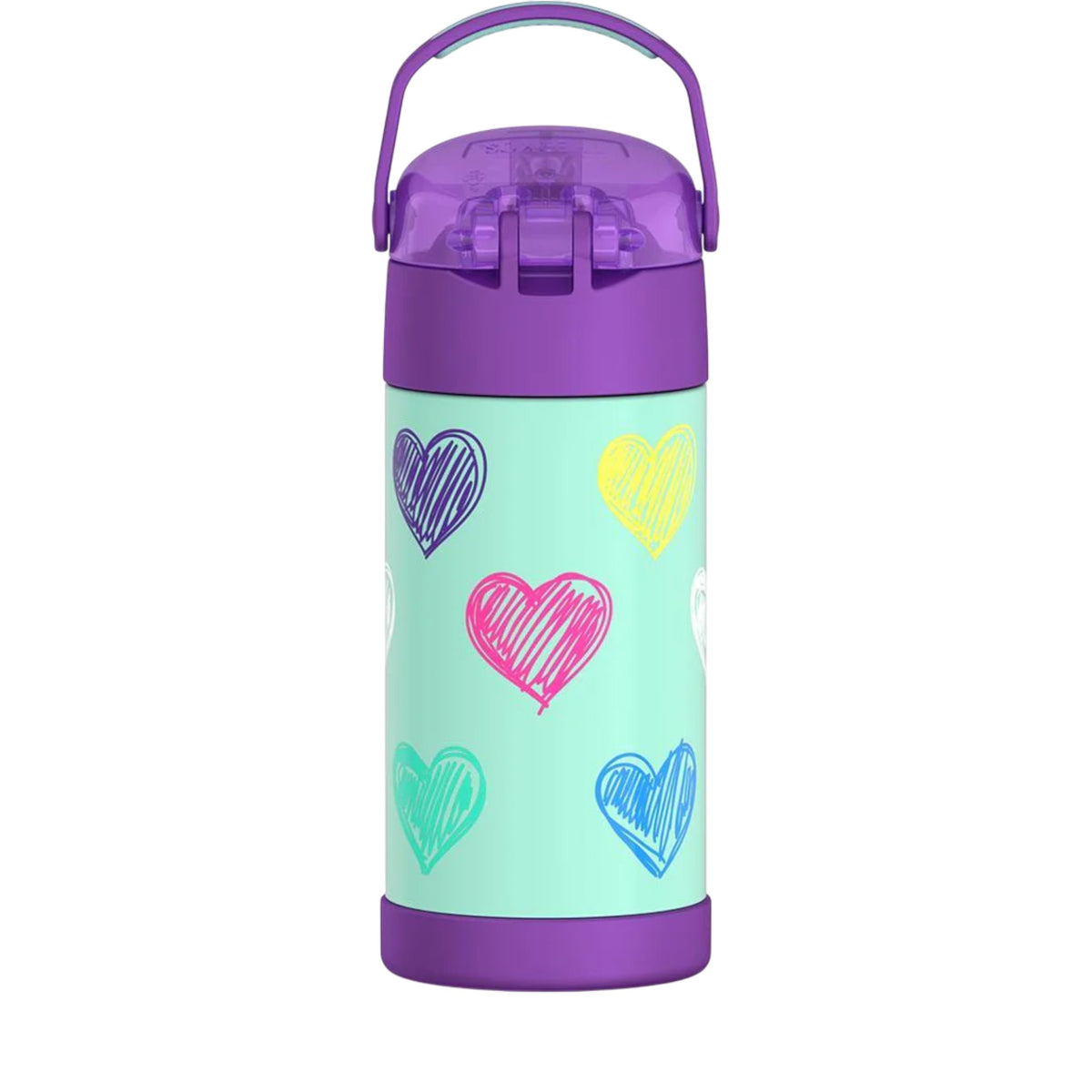 Garrafa Térmica Funtainer Thermos - 355ml com design colorido de corações, alça dobrável e tampa roxa para manter bebidas geladas por até 12 horas.