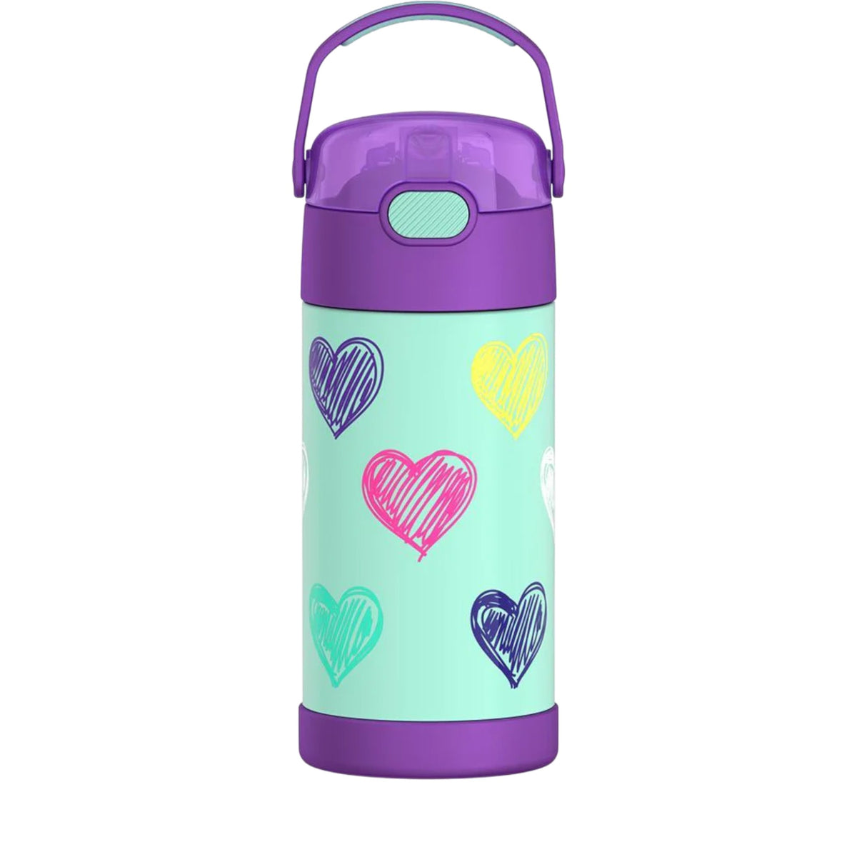 Garrafa Térmica Funtainer Thermos - 355ml com design de corações coloridos e tampa roxa.