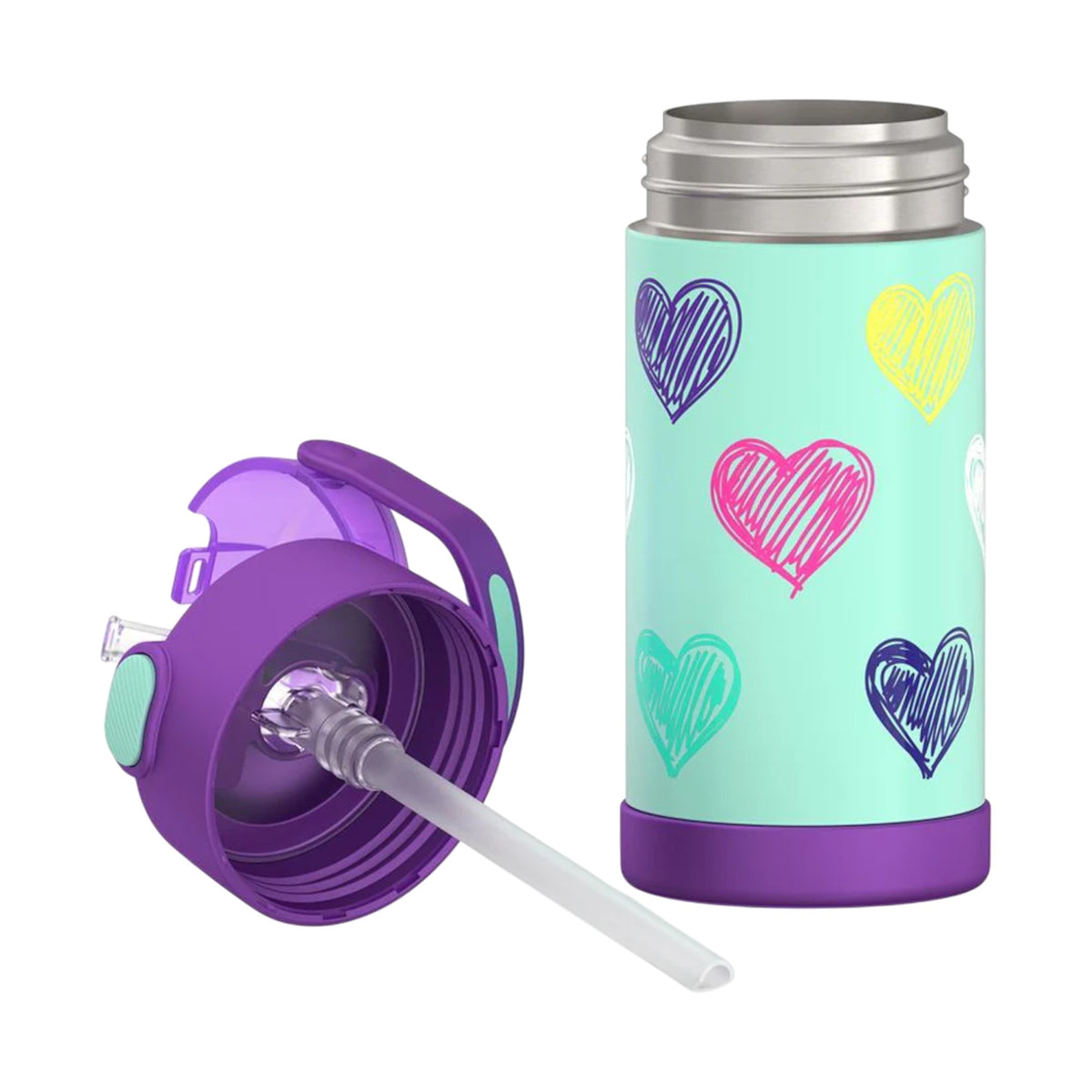 Garrafa Térmica Funtainer Thermos - 355ml com estampa de corações, tampa roxa com canudo retrátil e alça dobrável, mantém bebidas geladas.