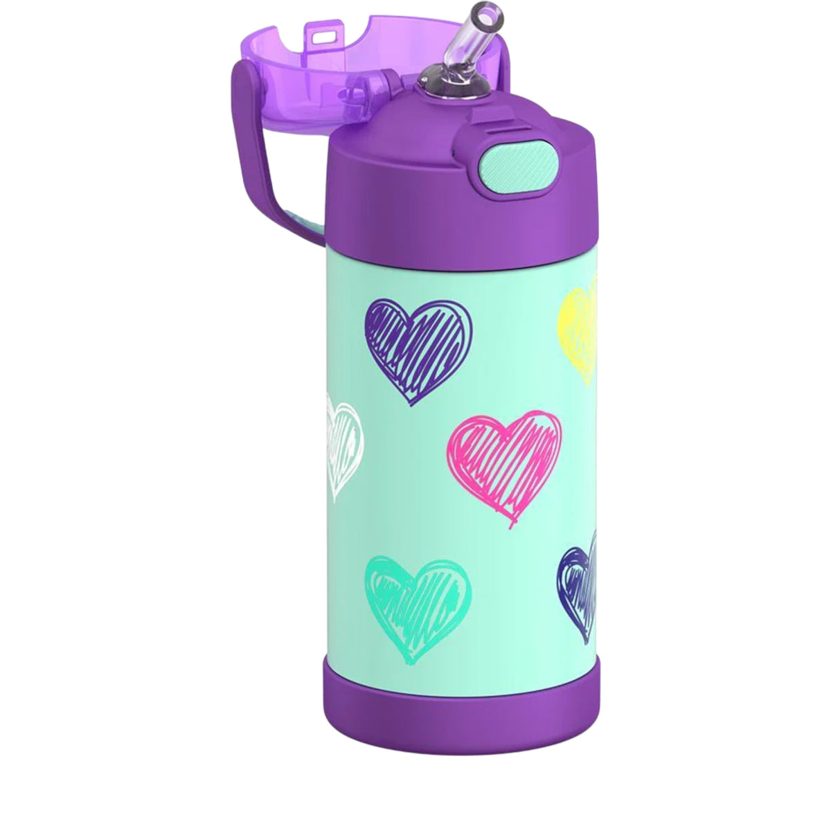 Garrafa Térmica Funtainer Thermos - 355ml com design colorido e tampa roxa, ideal para manter bebidas geladas por até 12 horas.