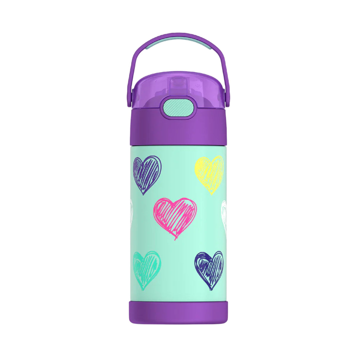 Garrafa Térmica Funtainer Thermos - 355ml com corações coloridos, isolamento a vácuo e canudo retrátil. Ideal para manter bebidas geladas.