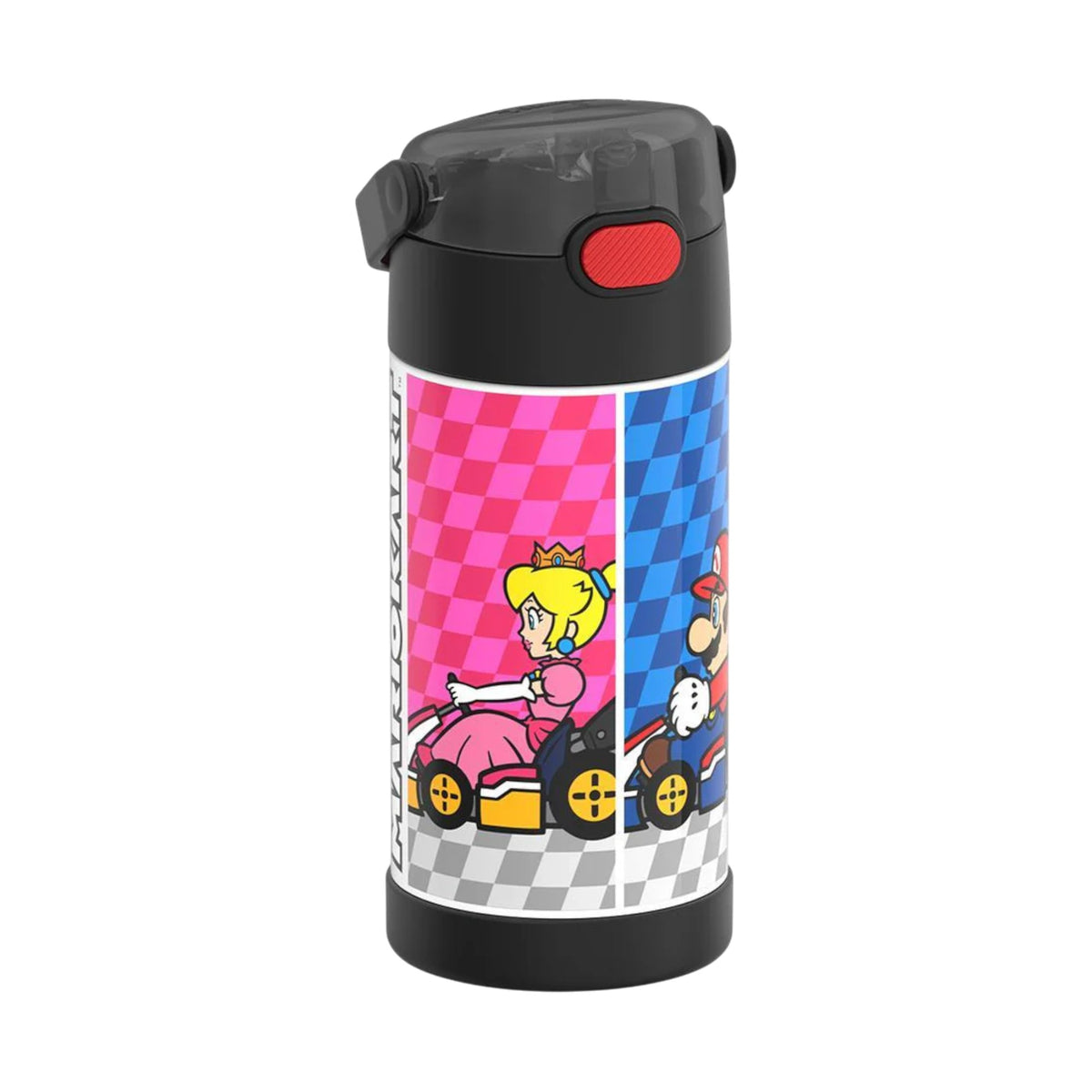 Garrafa Térmica Funtainer Thermos - 355ml com personagens de corrida, isolamento a vácuo, aço inoxidável, e alça integrada.
