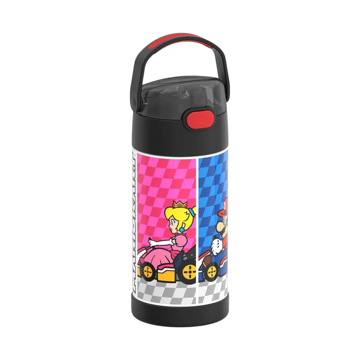 Garrafa Térmica Funtainer Thermos - 355ml com design infantil colorido e alça dobrável, ideal para manter bebidas geladas por 12 horas.