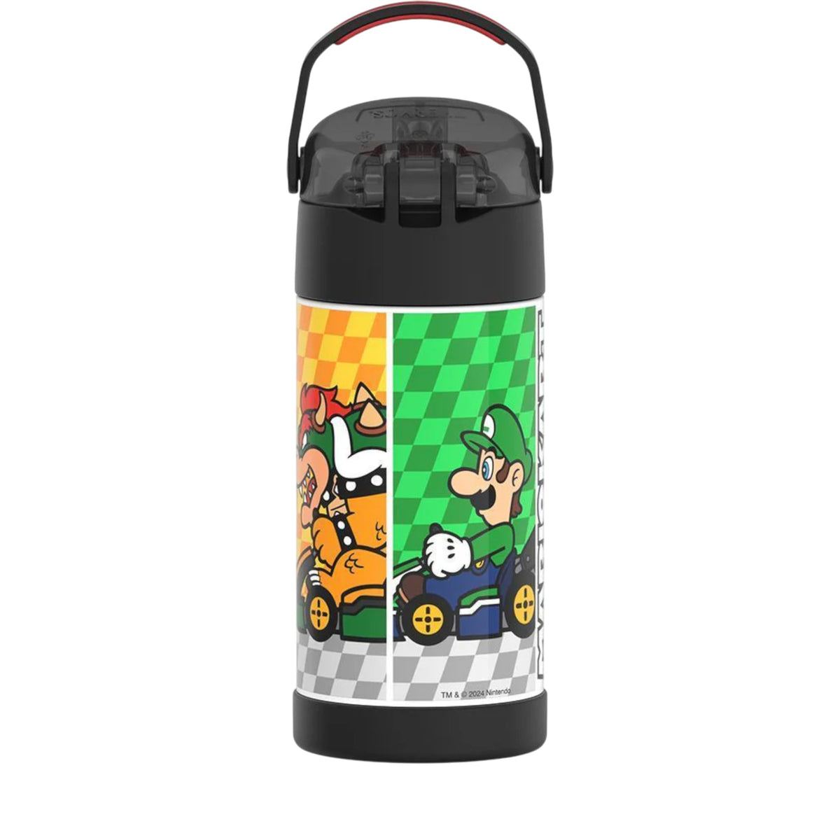 Garrafa Térmica Funtainer Thermos - 355ml com design colorido e personagem animado, capacidade de manter bebidas frias por 12 horas.