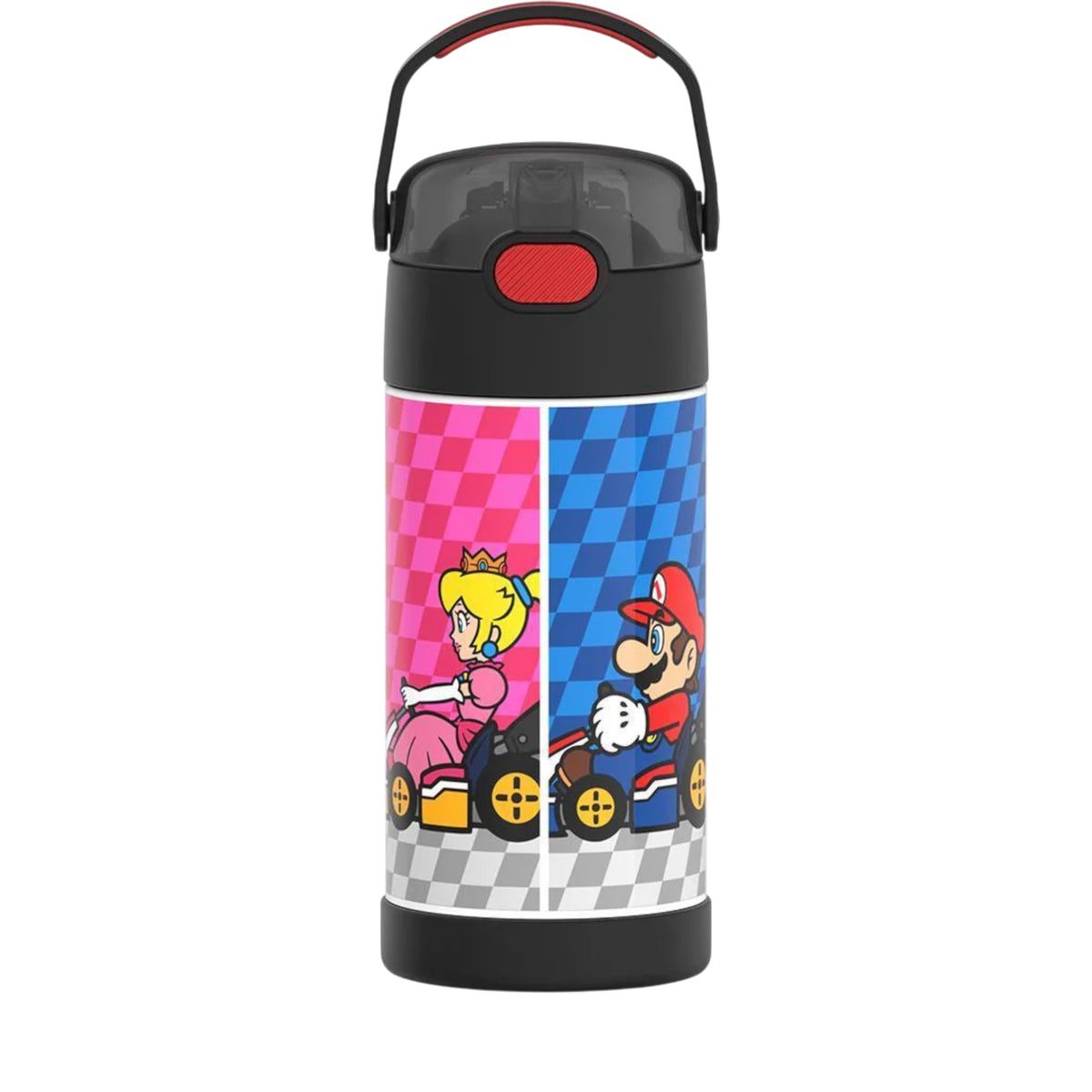 Garrafa Térmica Funtainer Thermos - 355ml com design de personagens, alça integrada e canudo retrátil, mantendo bebidas geladas por até 12h.