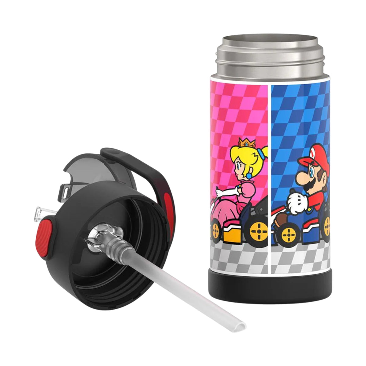 Garrafa Térmica Funtainer Thermos - 355ml com design colorido de personagens em corridas, tampa com canudo retrátil e alça dobrável.