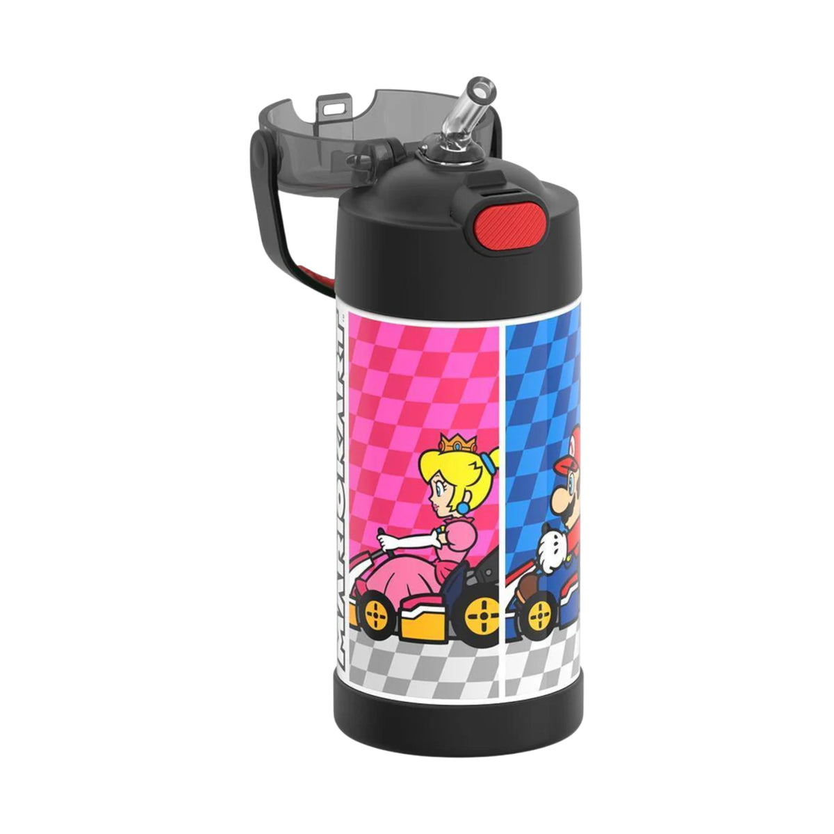 Garrafa Térmica Funtainer Thermos - 355ml com design de personagens em carrinhos de corrida, tampa de canudo retrátil e alça dobrável.