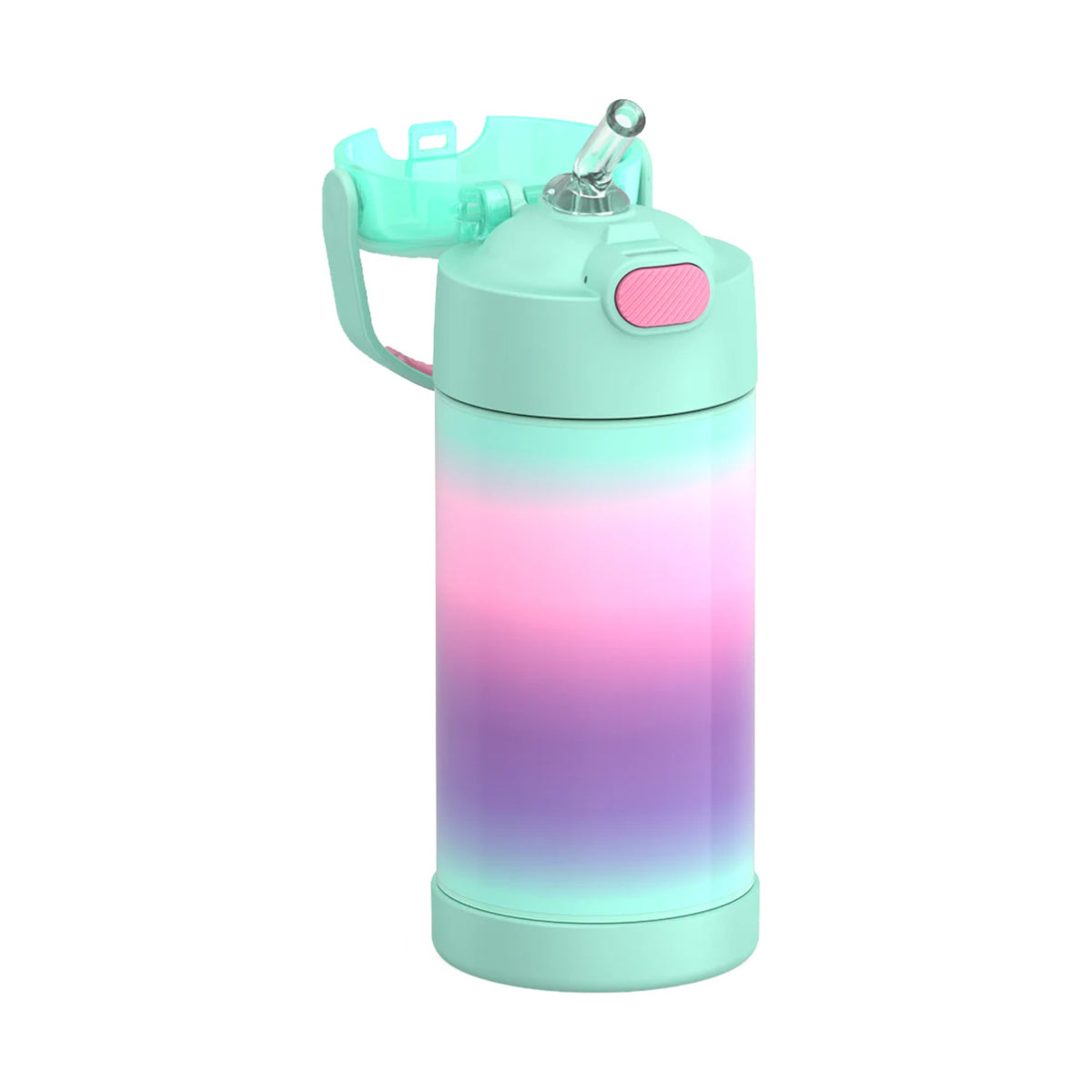 Garrafa Térmica Funtainer Thermos - 355ml com design colorido, tampa com botão e canudo retrátil, ideal para manter bebidas geladas.