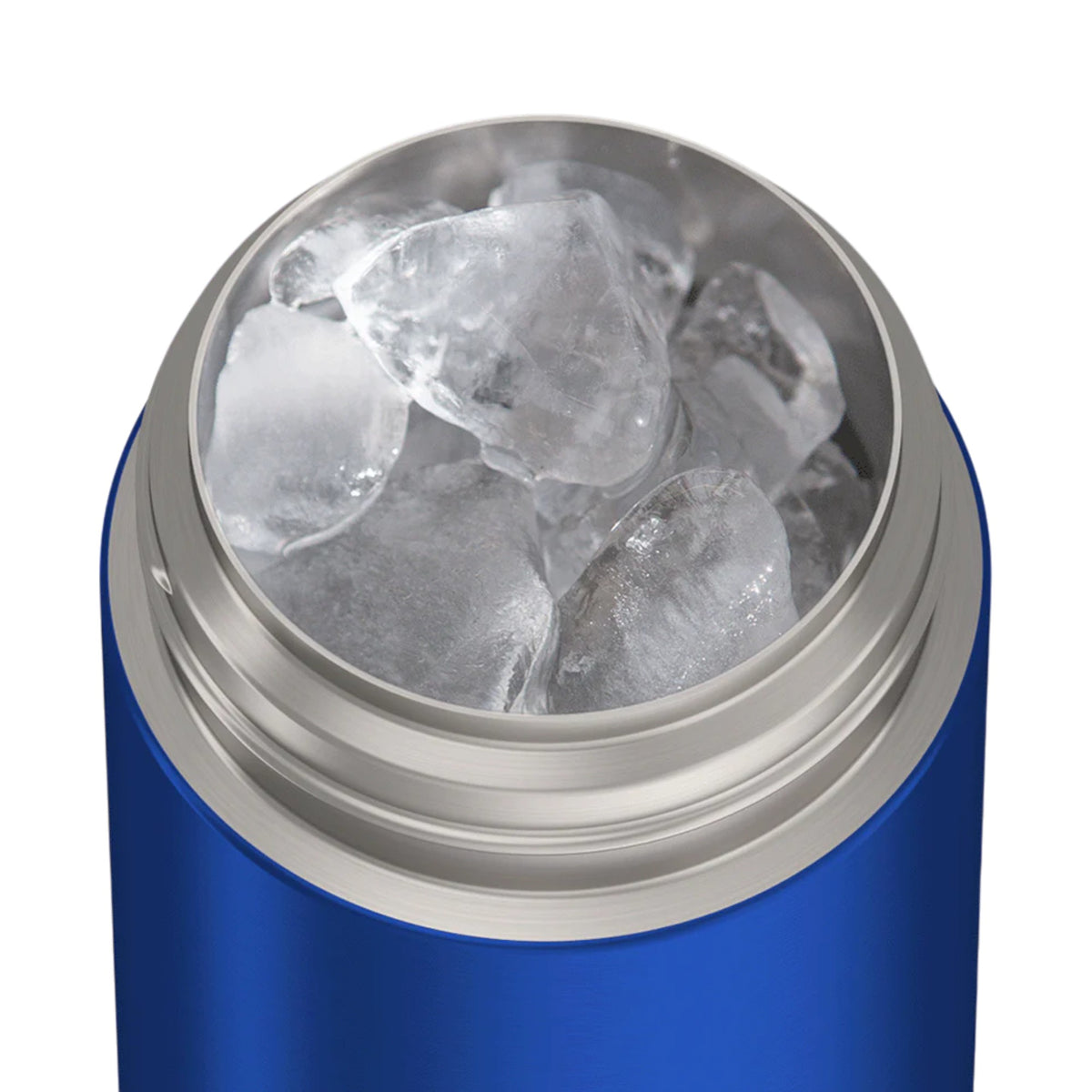 Vista superior da Garrafa Térmica Funtainer Thermos - 355ml cheia de gelo, destacando o isolamento eficaz para manter bebidas geladas.