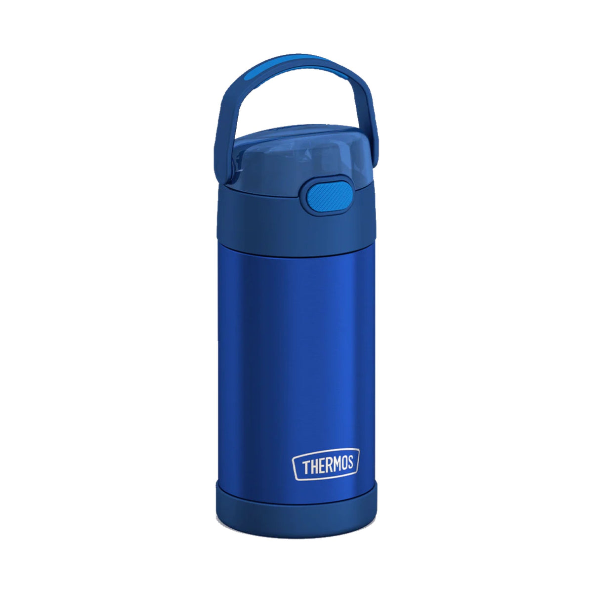 Garrafa Térmica Funtainer Thermos - 355ml em azul com alça dobrável e botão para canudo retrátil, ideal para bebidas geladas por 12h.