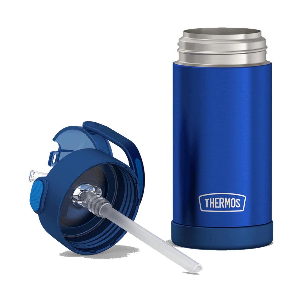 Garrafa Térmica Funtainer Thermos - 355ml em aço inoxidável azul com canudo retrátil para manter bebidas geladas por até 12 horas.