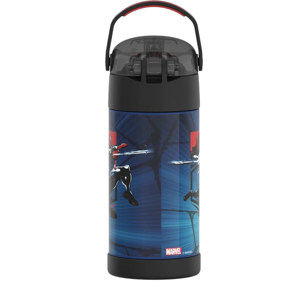 Garrafa Térmica Funtainer Thermos - 355ml com design de heróis, aço inoxidável, canudo retrátil e alça dobrável.