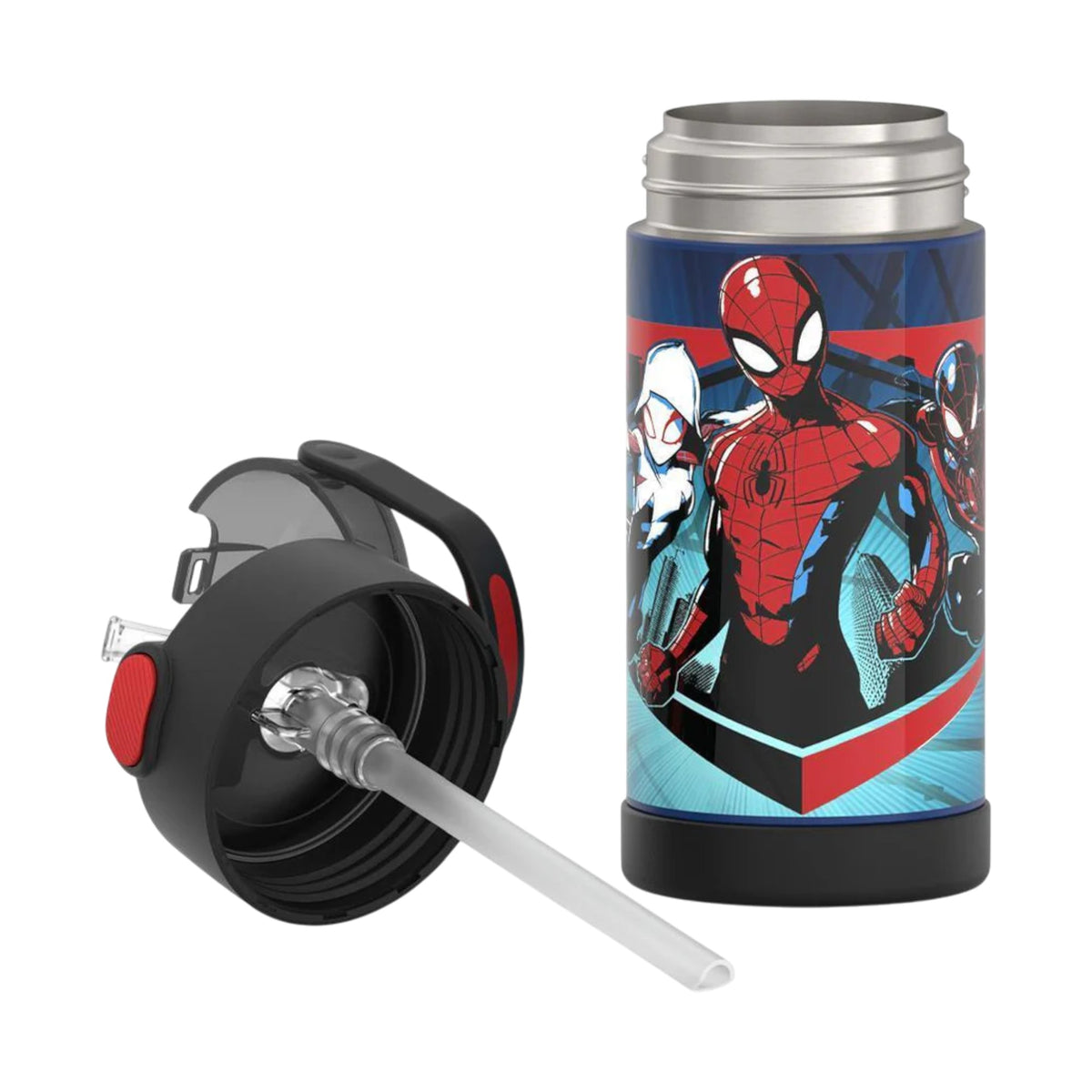 Garrafa Térmica Funtainer Thermos - 355ml com design de super-heróis e isolamento a vácuo, canudo retrátil e tampa desmontada.