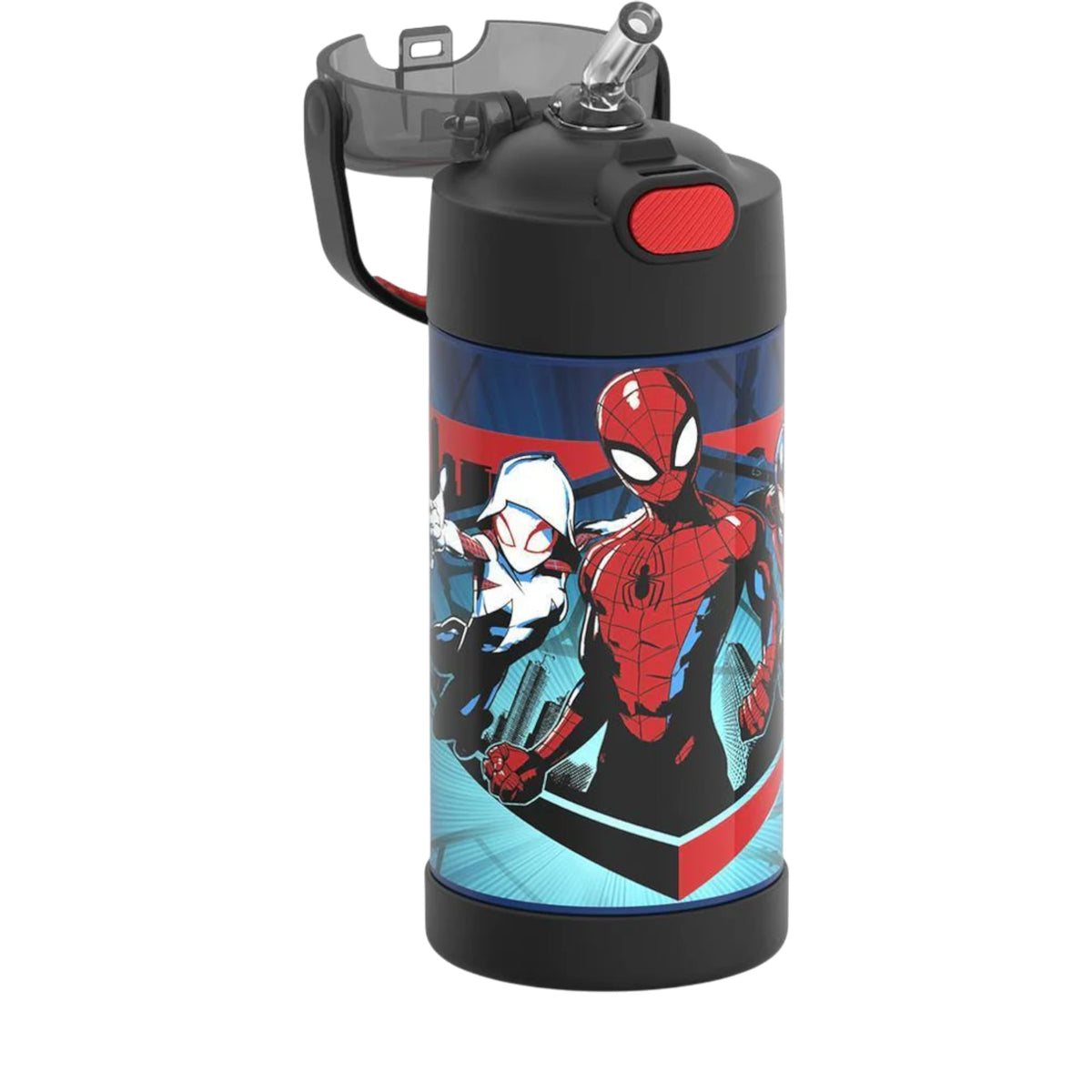 Garrafa Térmica Funtainer Thermos - 355ml com estampa de super-herói e canudo retrátil, ideal para manter bebidas geladas por até 12 horas.